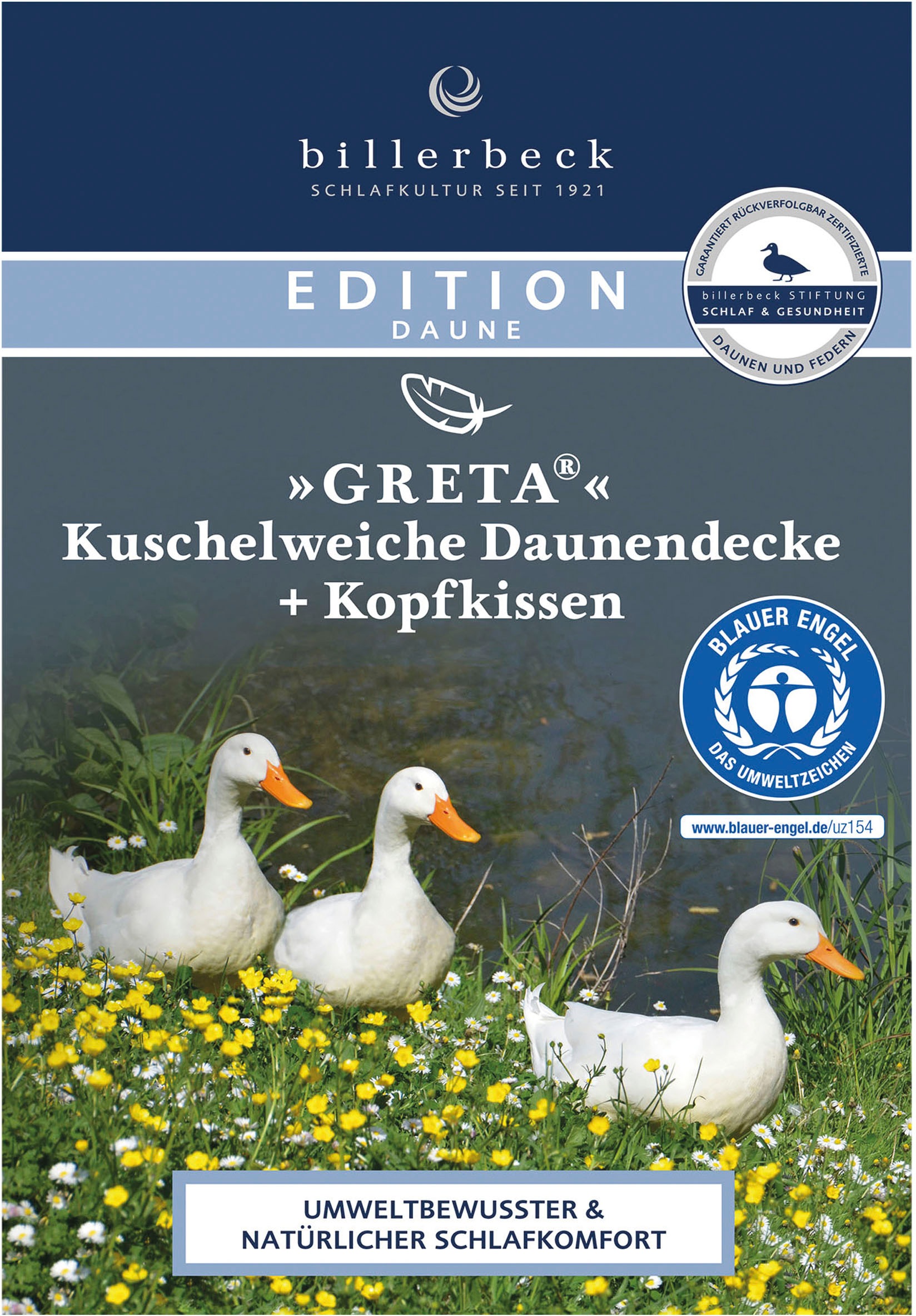 billerbeck Daunenbettdecke »E14 Greta, Bettdecke in 135x200 cm, 155x220 cm, Sommer, Winter« normal Füllung 90Entendaune10Entenfeder 1 Stk. tlg. Die Daunendecke mit dem blauen Engel