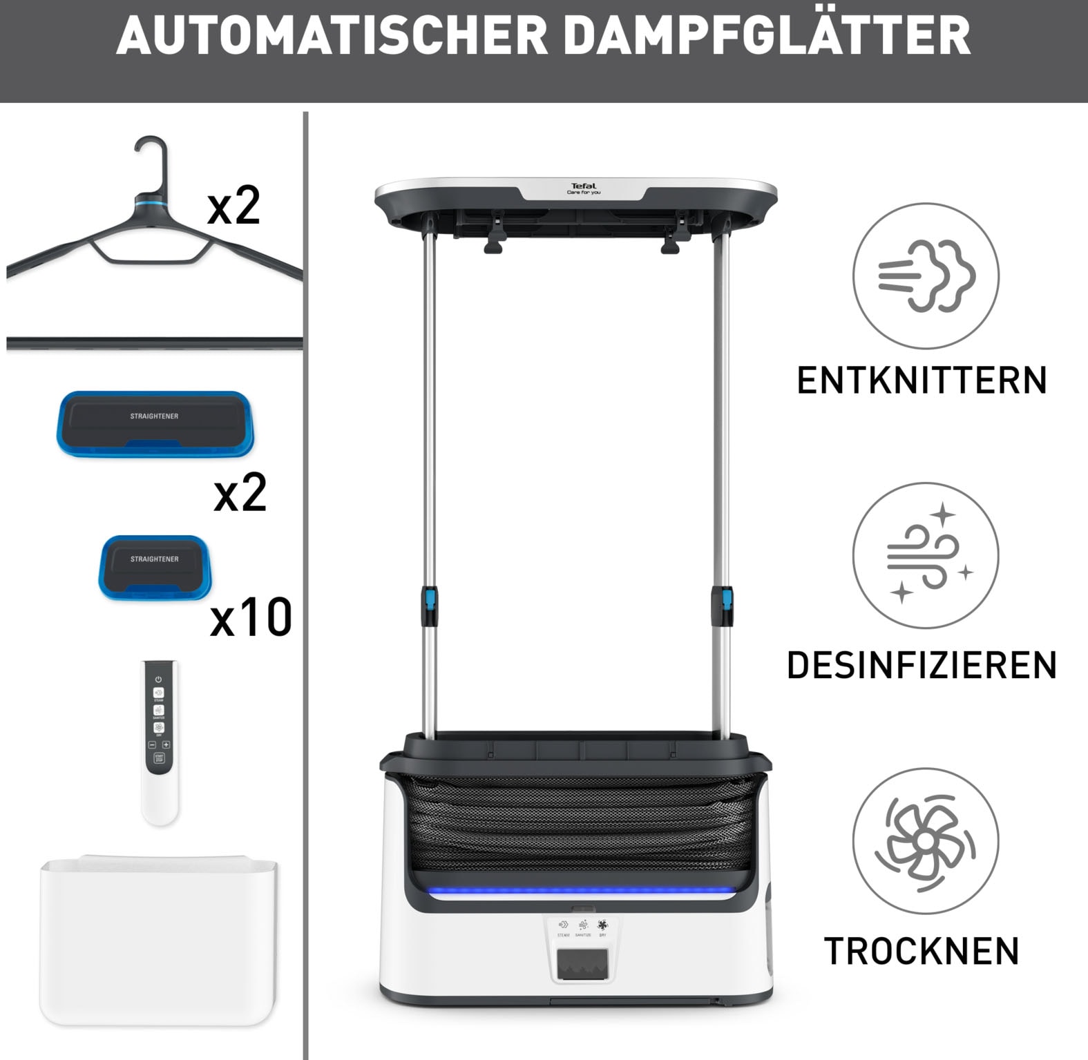 Tefal Bügelmaschine »YT3040 Care For You, automatischer Dampfglätter«, 3100 W, sanftes Trocknen, reduziert Gerüche, desinfiziert bis zu 99,99%