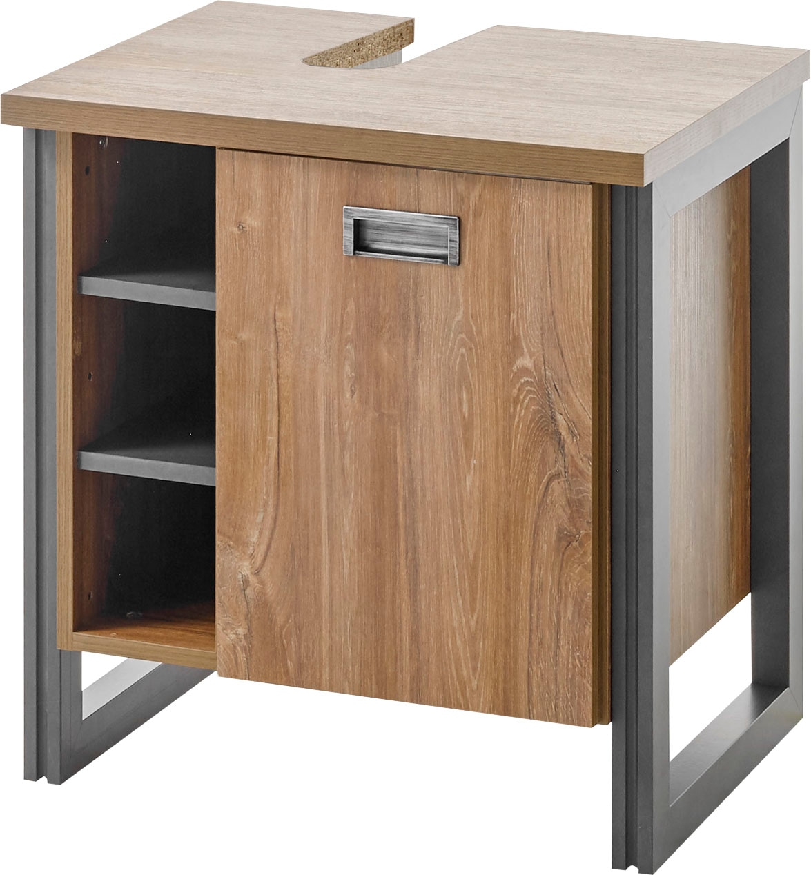 Home affaire Waschbeckenunterschrank »Detroit, Waschtisch mit Apothekergriff, Badschrank im Industrialdesign«, Eiche Dekor, mit offenen Fächern & Stauraum, Breite 61 cm