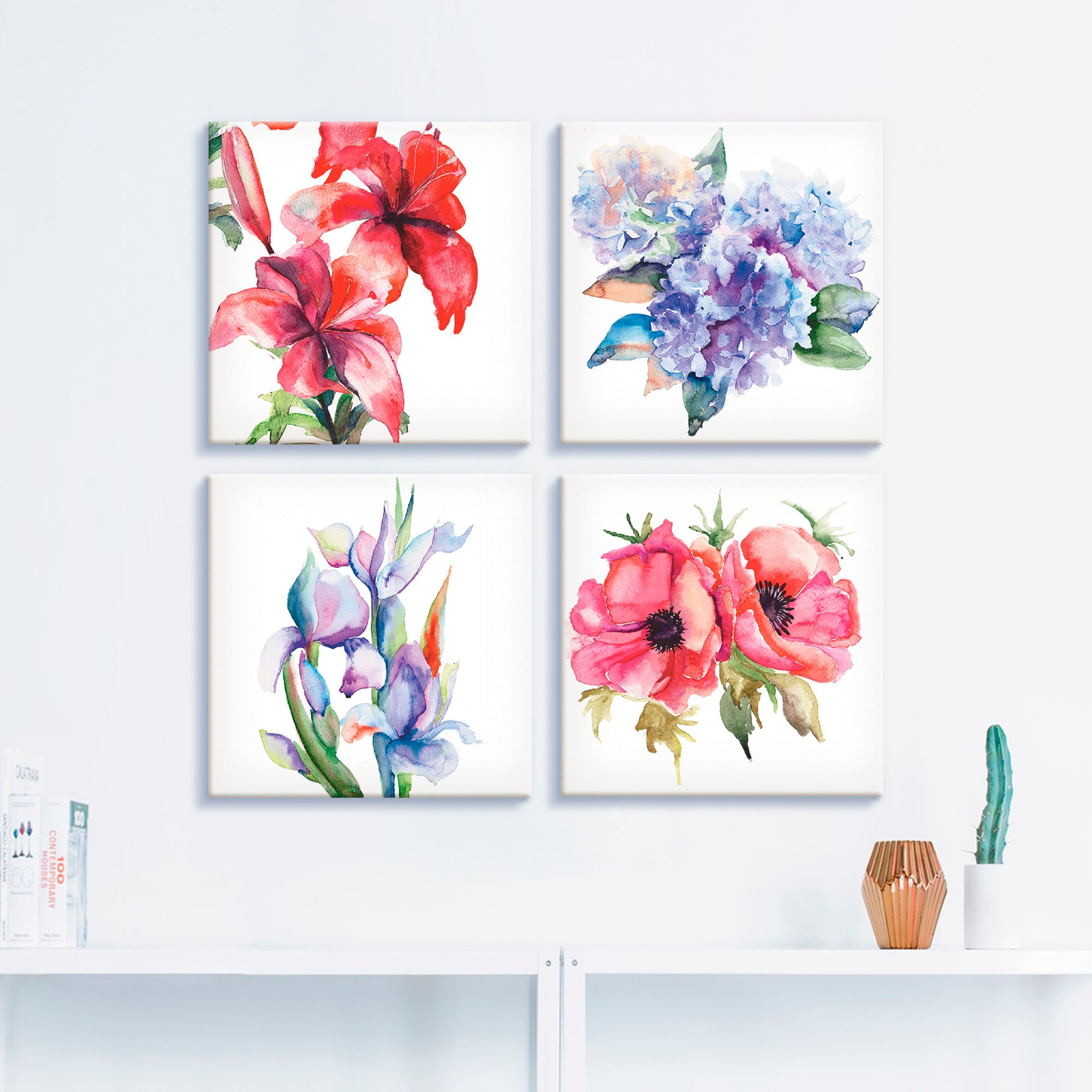 Artland Leinwandbild "Lilien Mohnblumen Iris Hortensien", Blumen, (4 St.), günstig online kaufen