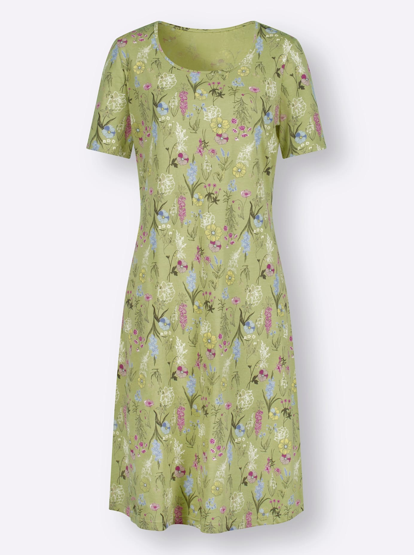 Sommerkleid CLASSIC BASICS "Jersey-Kleid", Damen, Gr. 56, Normalgrößen, grün (lindgrün, khaki, bedruckt), 60% Baumwolle, 40% Polyester, bedruckt, geblümt, gemustert, mehrfarbig, knielang, Rundhals, Kleider Sommerkleid 3