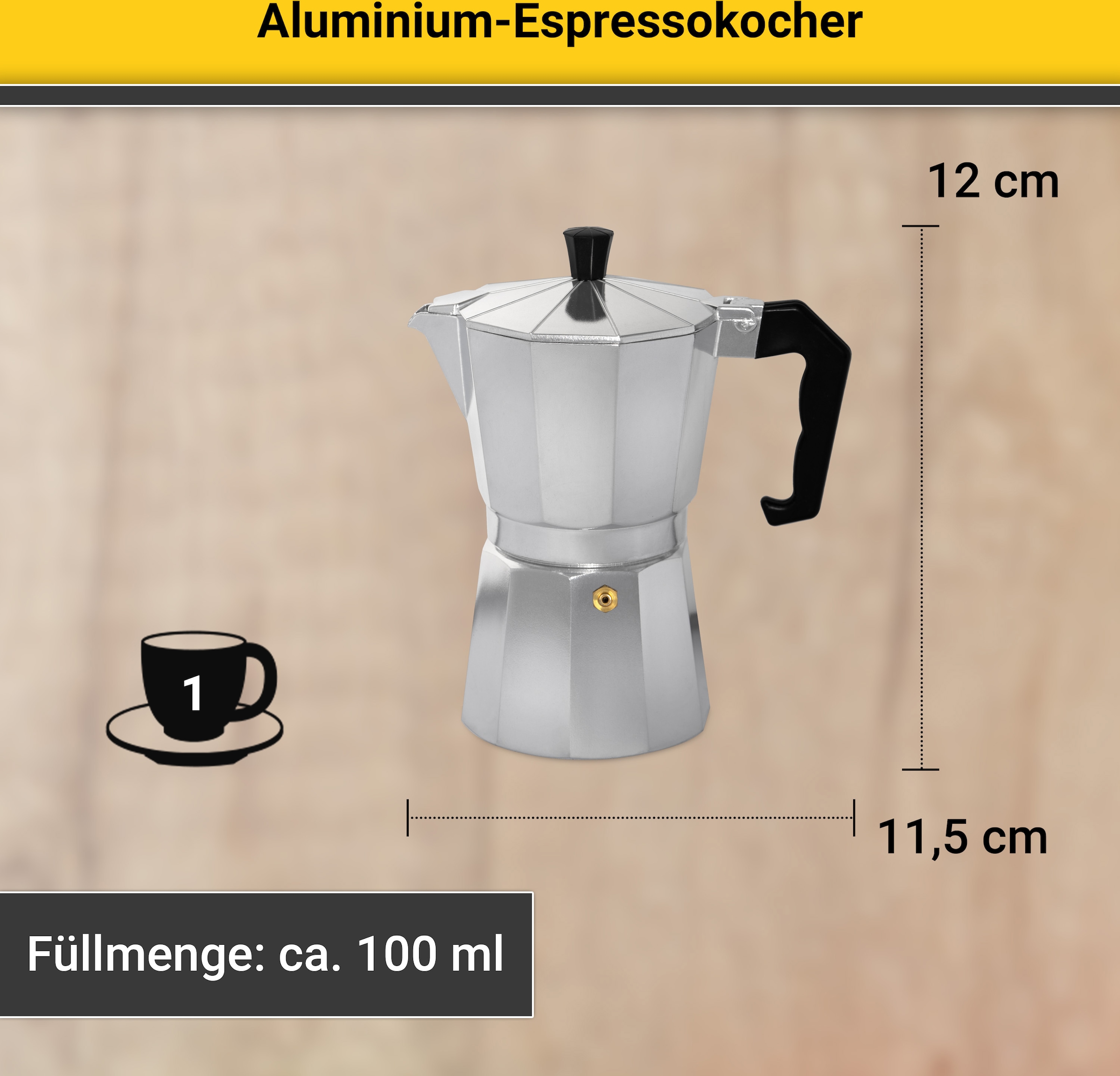 Krüger Espressokocher »Italiano«, 0,1 l Kaffeekanne, traditionell italienisch, aus Aluminium, mit Silikon-Dichtungsring