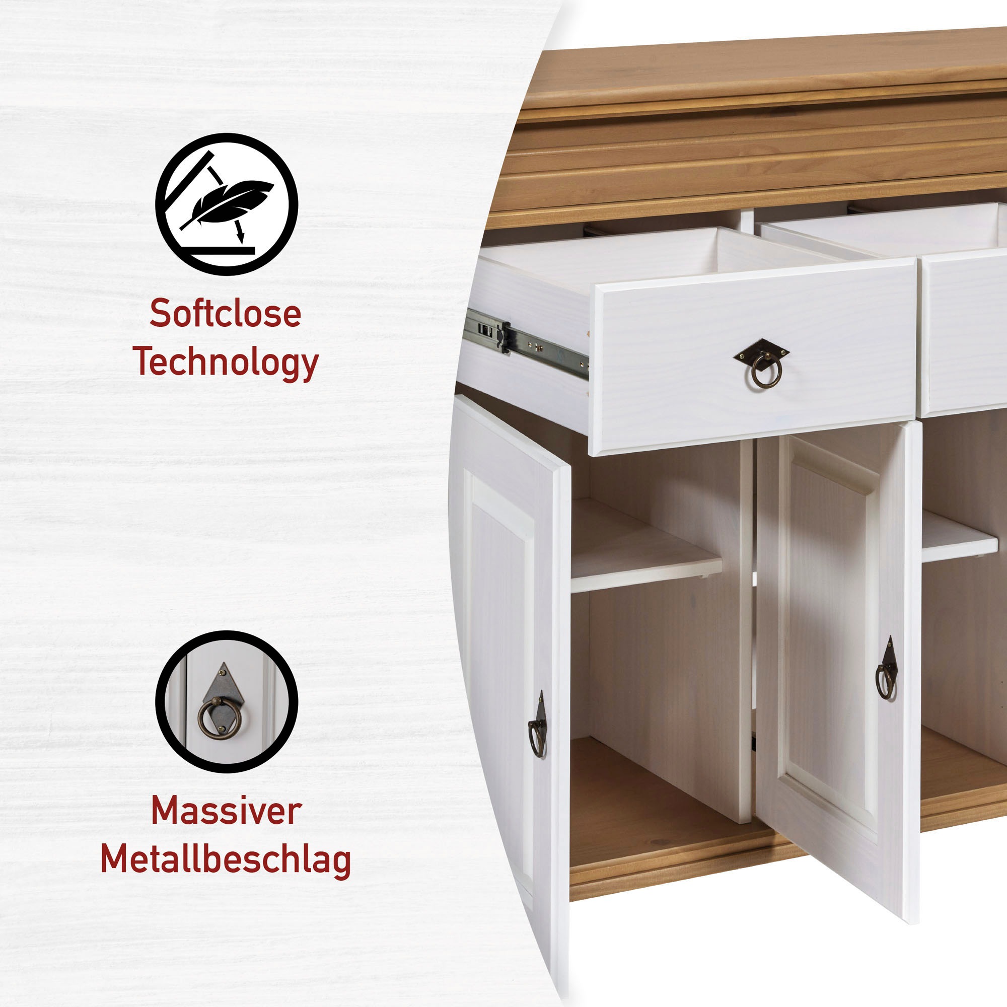 Inter Link Anrichte »Halmaro, Kiefer Massivholz, Soft-close, 141 x 46 x 100 cm, Stauraum« 1 Stk. tlg. Sideboard in Weiss, Braun/Oak, Landhausstil, 3 Türen, 3 Schubladen