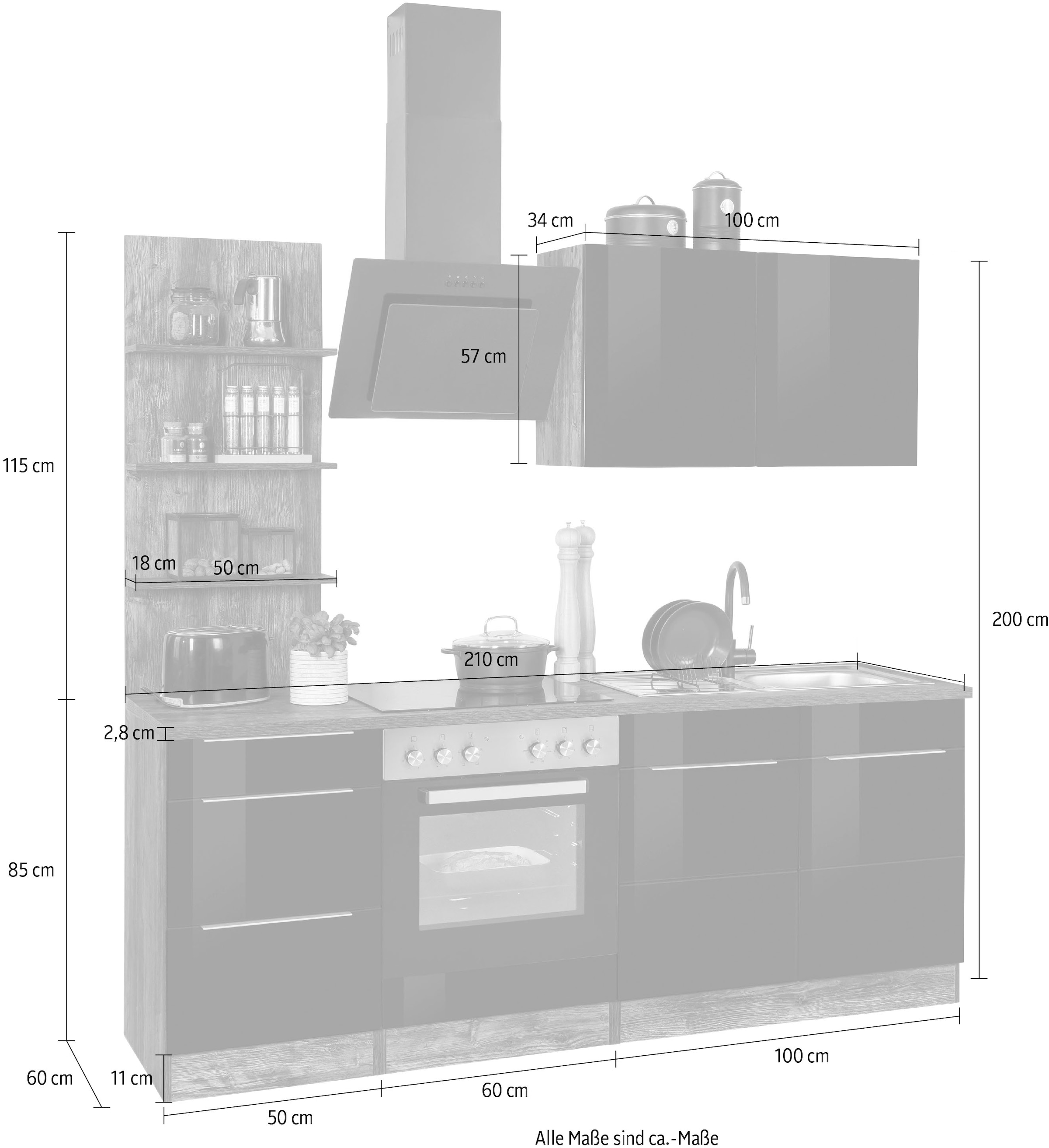 E-Geräten, Küchenzeile bestellen MÖBEL 210 cm mit Breite HELD | BAUR »Brindisi«,