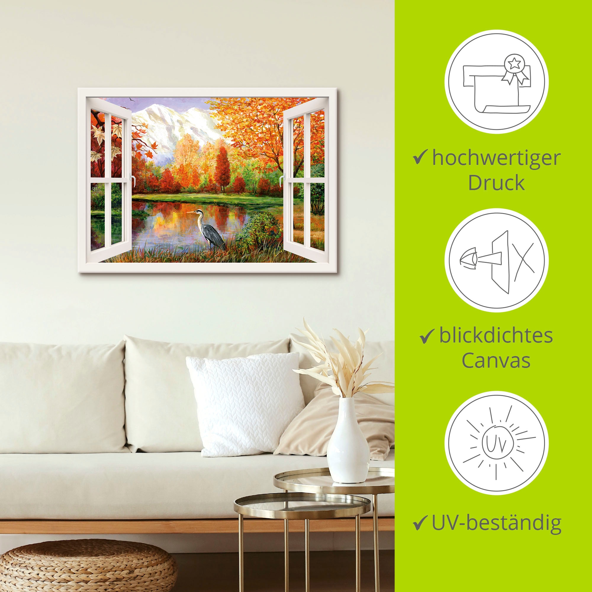 Artland Wandbild »Herbst am See«, Fensterblick, (1 St.), als Leinwandbild, Wandaufkleber in verschied. Größen