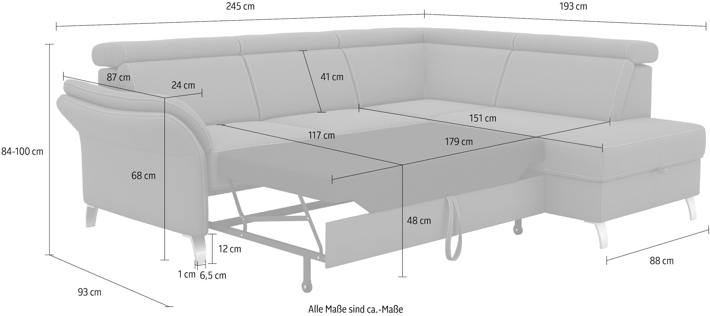 sit&more Ecksofa »Vincenzo L-Form«, inklusive Kopfteilverstellung, wahlweise mit Bettfunktion, Bettkasten