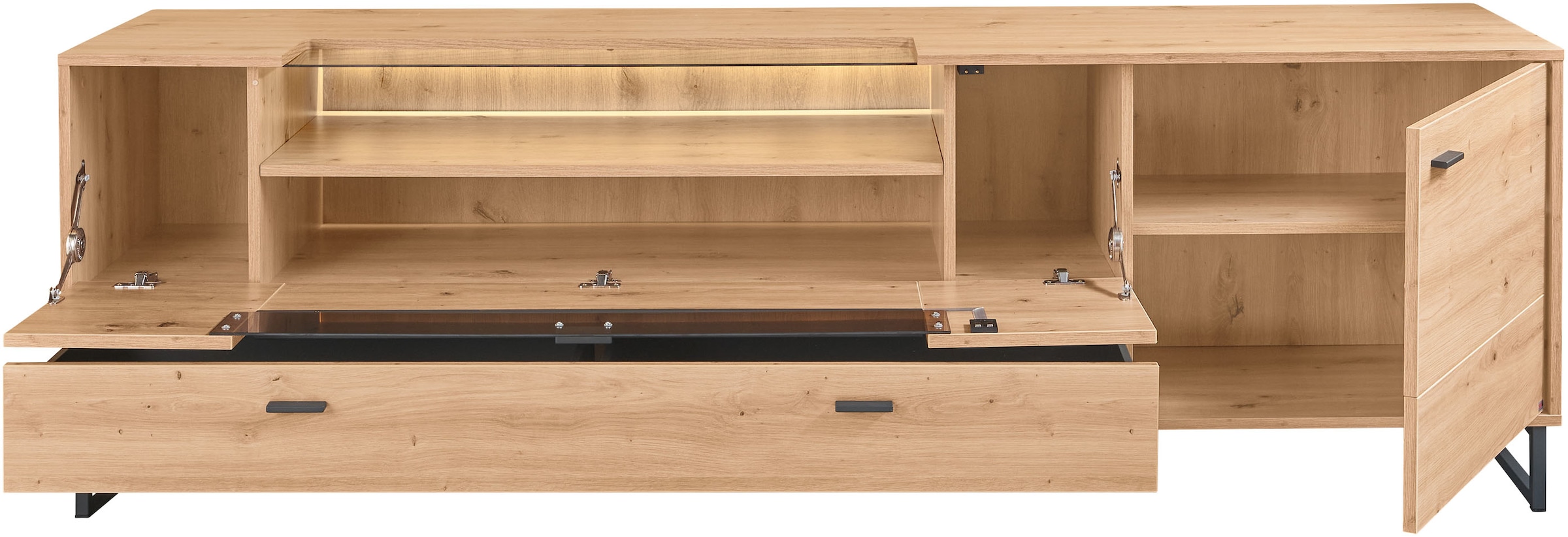 set one by Musterring TV-Schrank »Deltona«, inkl. LED-Beleuchtung, Metallkufe, Glasklappe, B214 x H 67 cm
