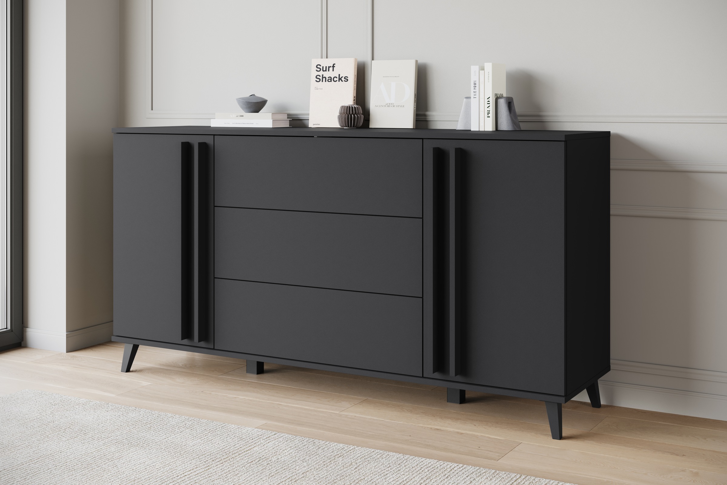 INOSIGN Sideboard »Helsinki, Kommode mit 2 Türen und 3 Schubladen, Breite 150 cm«, (1 St.), Push-to-Open-Schubladen, höhenverstellbare Einlegeböden