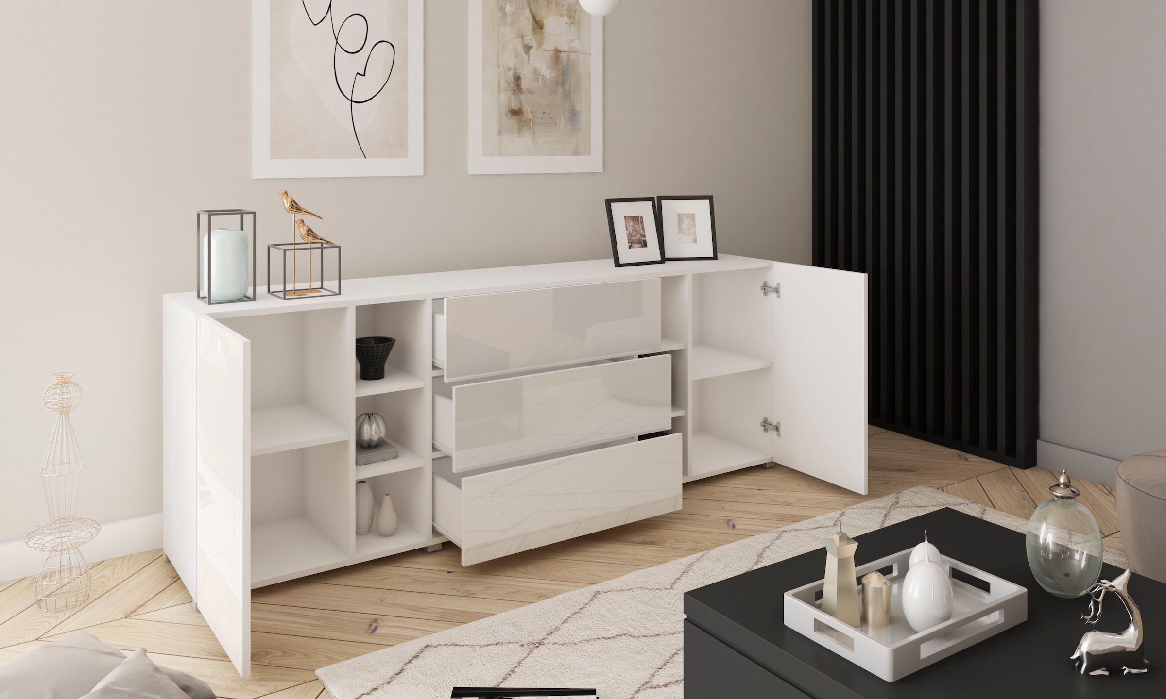 INOSIGN Sideboard »BERLIN«, Moderne grifflose Kommode Breite 190 cm, offene Fächern/ Schubladen