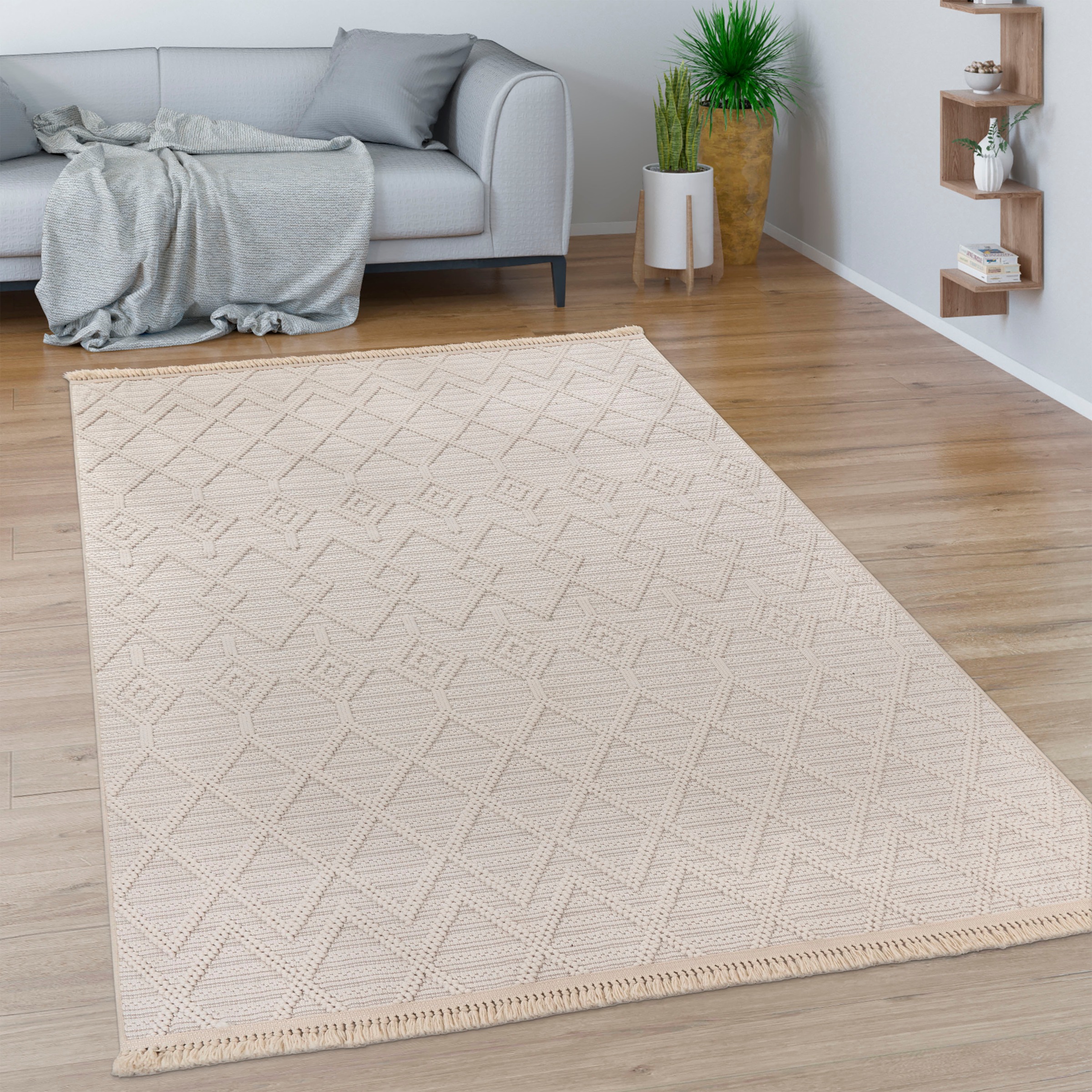 Paco Home Teppich »Buckman 467«, rechteckig, 11 mm Höhe, Kurzflor, Uni Farben, Hoch-Tief Effekt, Rauten, mit Fransen