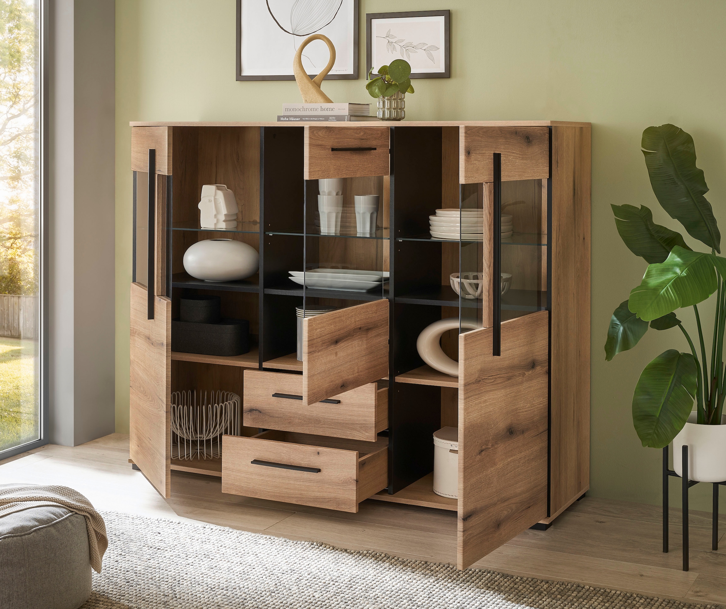 INOSIGN Highboard »Cantara, moderner Schrank, Vitrine in Eiche Dekor oder weiß«, schwarze Stangengriffe, ausreichend Stauraum, vielseitig einsetzbar