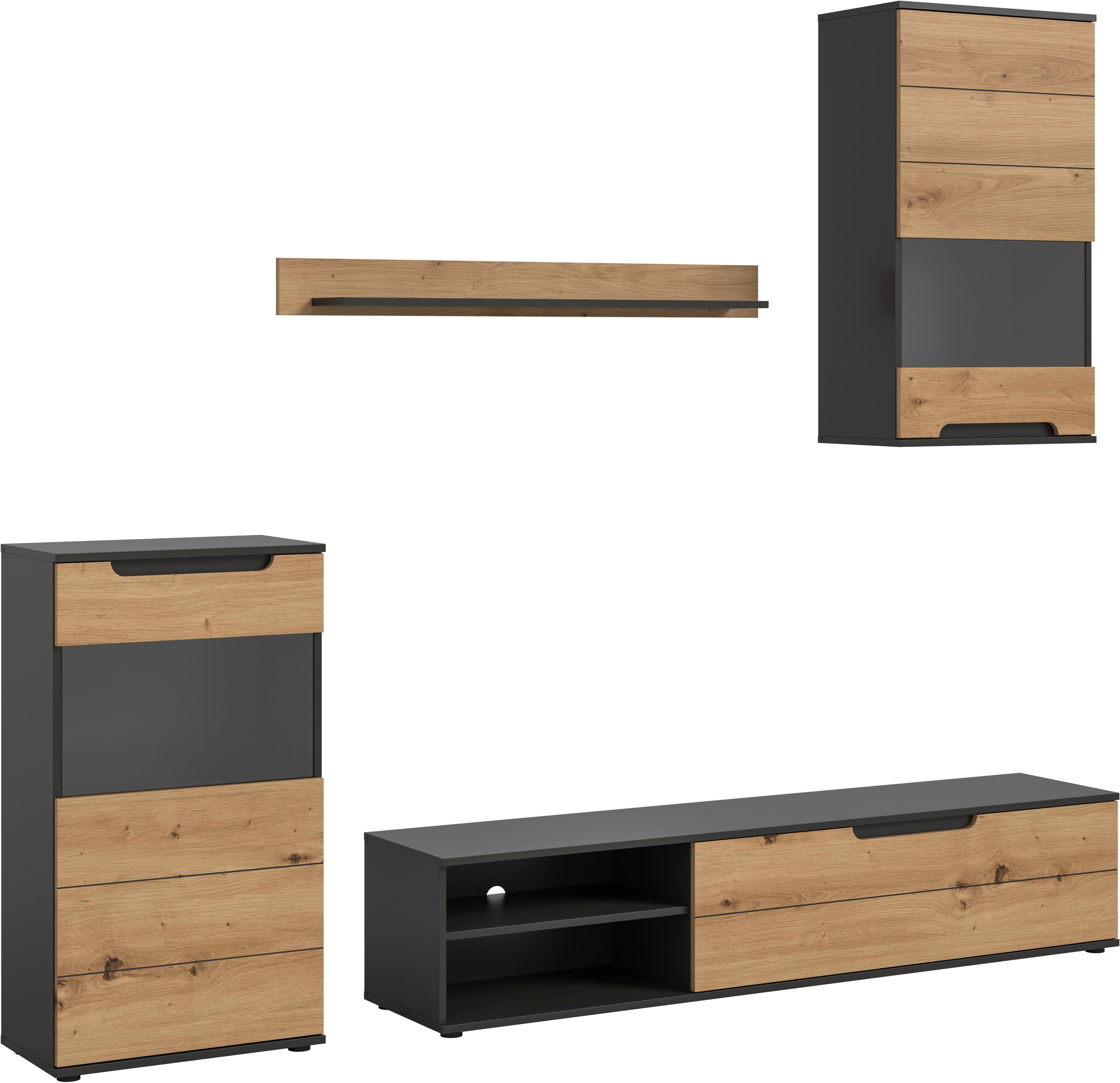 INOSIGN Wohnwand »SKEPP, 4-teilig, best. aus: 2x Vitrine, 1x Lowboad & 1x Wandboard«, Anbauwand, Set, Möbelset, TV-Wand, Wohnzimmerset, Schrankwand
