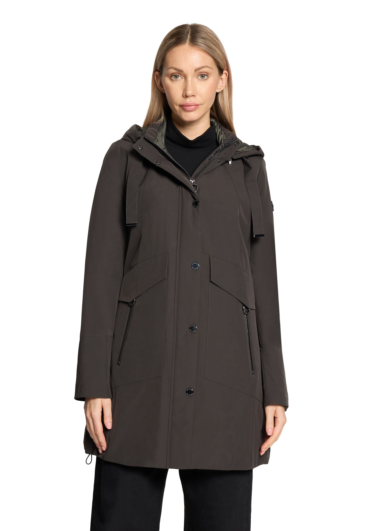Outdoorjacke BETTY BARCLAY "Damen mit abnehmbarer Kapuze", Damen, Gr. 42, grün (dunkelgrün), Obermaterial: 88% Polyester, 12% Elasthan; Besatz: 100% Polyamid; Futter: 100% Polyester; Füllung: 100% Polyester, tailliert, Jacken Outdoorjacke