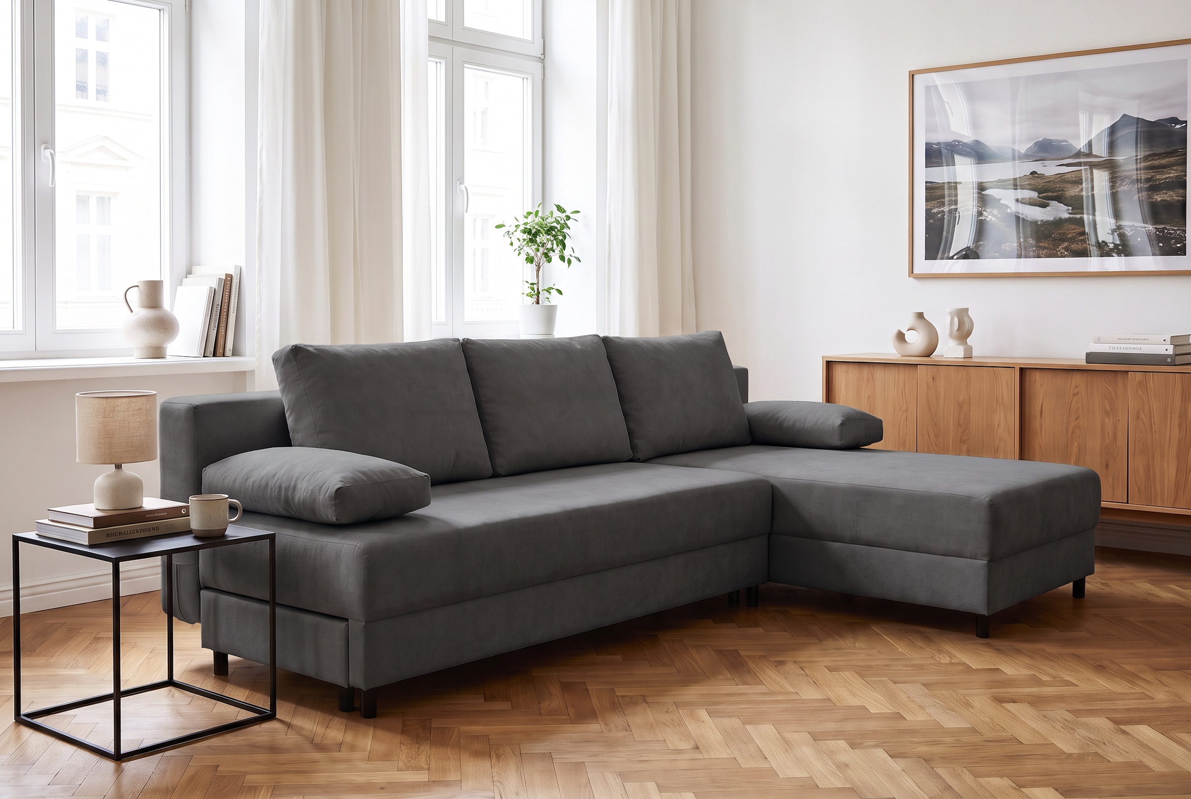 OTTO home Schlafsofa "ONNIKO Ecksofa L-Form, Breite: 240 cm, Feinstruktur-Bezug" mit Bettfunktion & Bettkasten (Liegefläche 120 cm / 240 cm)