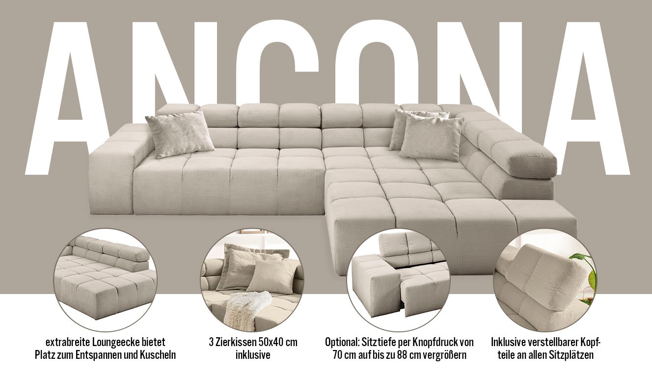 Thumbnail - INOSIGN Ecksofa "Ancona, incl. Kopfteilverstellung + 3 Zierkissen, L-Form, bequem", wahlweise motorische Sitztiefenverst...