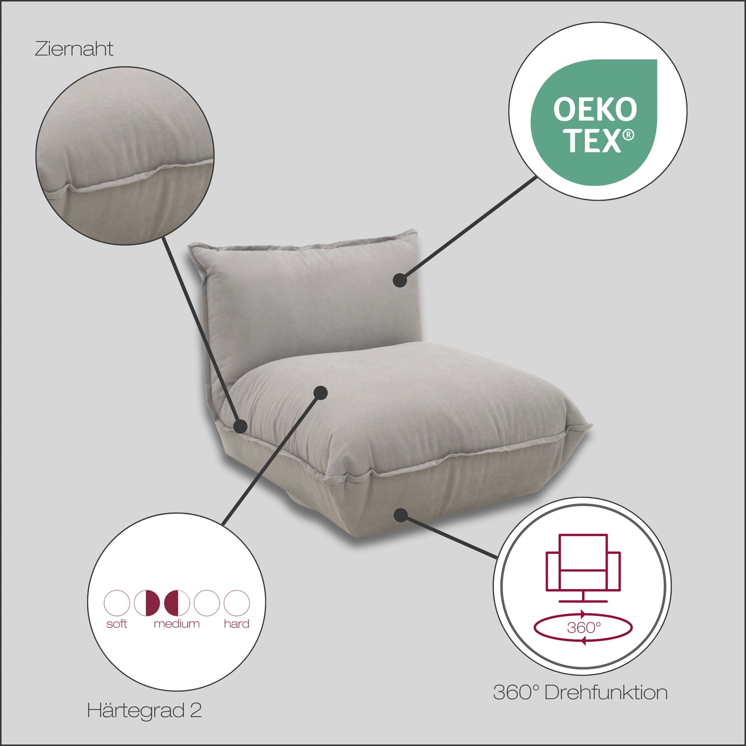 DOMO collection Sessel »Nantes Loungesessel, Wohlfühlsessel mit 360° Drehfunktion«, hochwertig gepolstert mit Federkern, Struktur weich, grau
