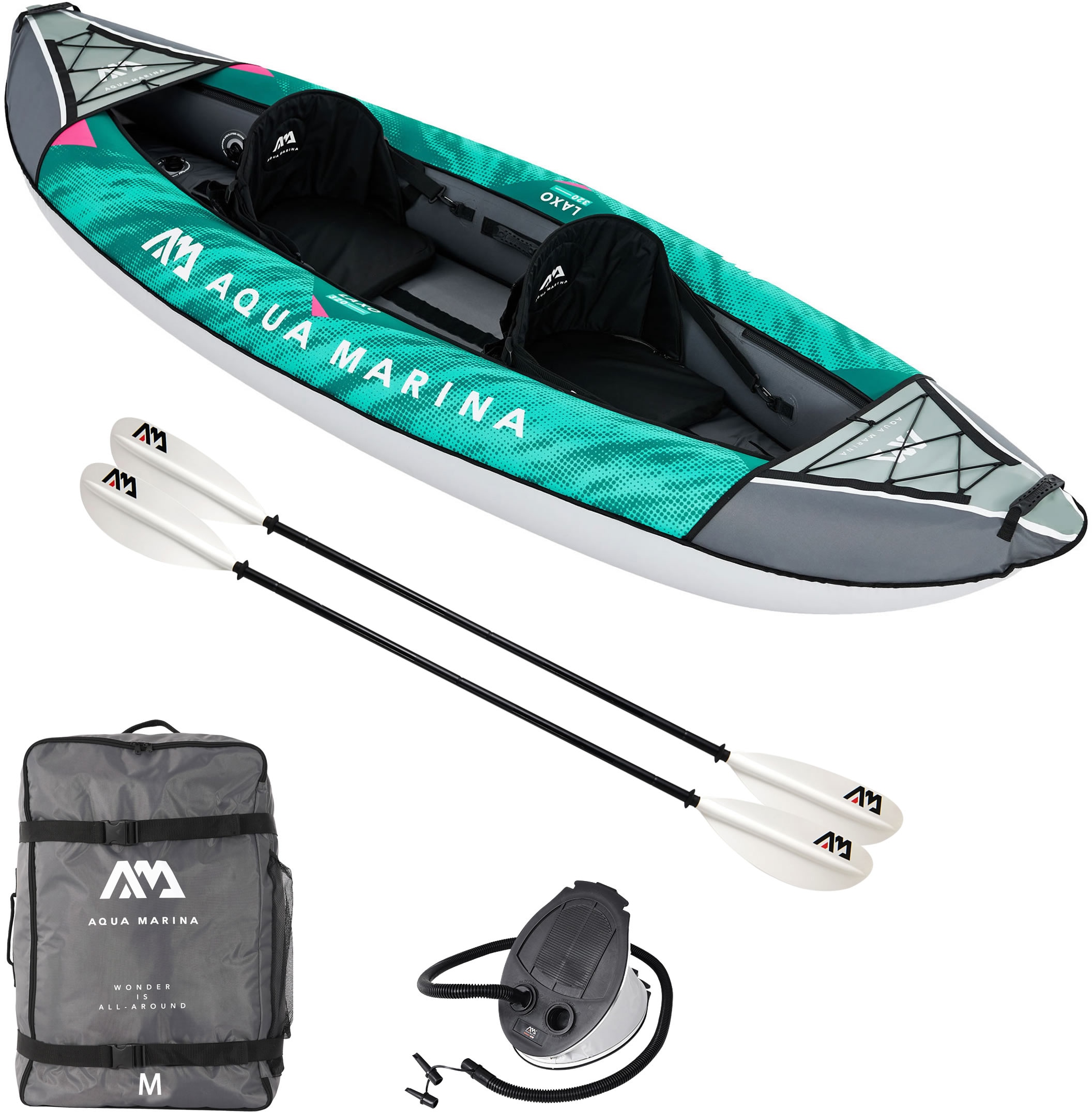 Aqua Marina Zweierkajak, (Set, 8 St., mit 2 Paddeln und Luftpumpe), Komplett Set mit Tragerucksack und Fußpumpe