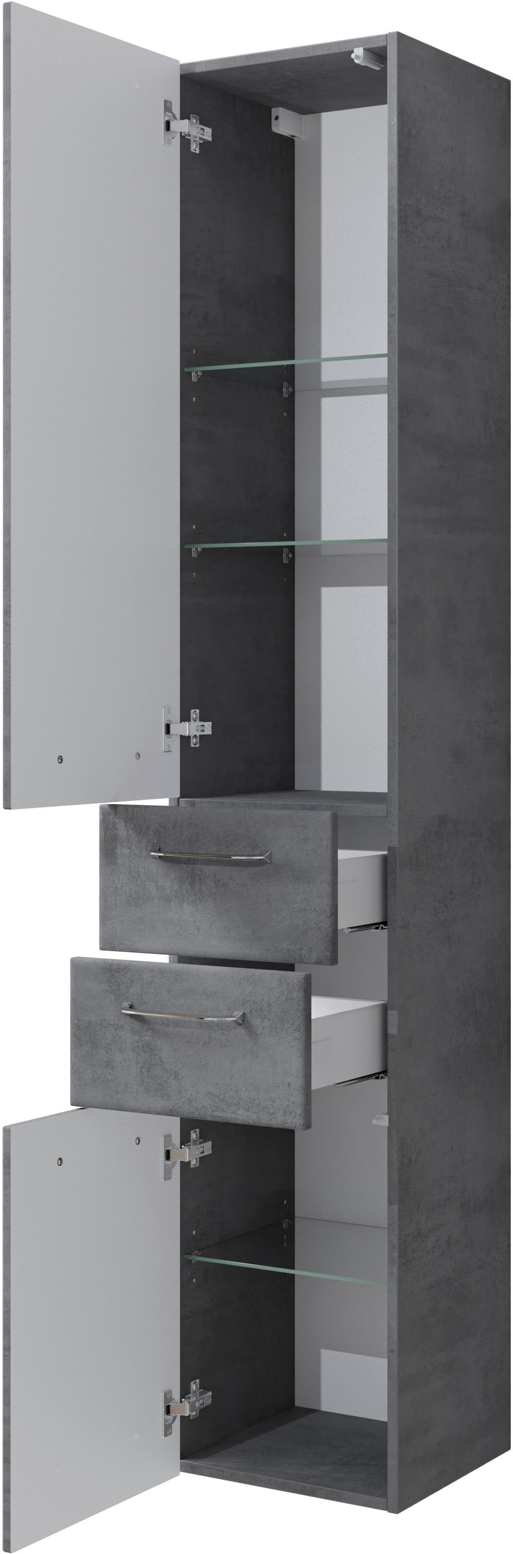 Saphir Hochschrank »Quickset 945 Badschrank, 35 cm breit, 2 Türen, 2 Schubladen«, Badezimmer-Hochschrank inkl. Türdämpfer, Griffe in Chrom glänzend