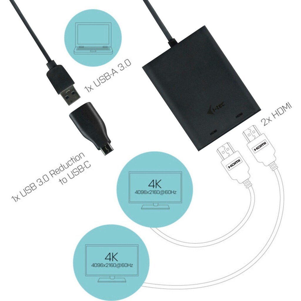 I-TEC Computer-Adapter »Video-Adapter USB3.0/USB-C > 2x 4K HDMI«, USB Typ A zu HDMI, 27 cm