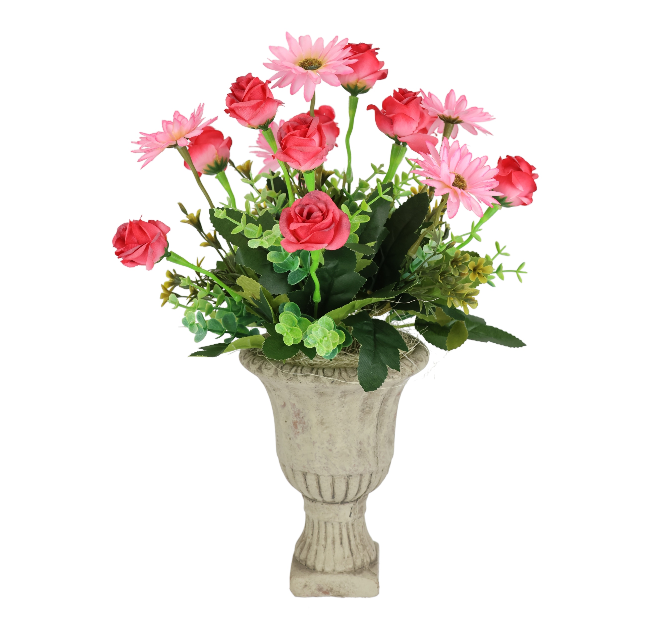 I.GE.A. Kunstblume "Gesteck Wildrosen im Pokal 37cm Deko Rosen Kunstrosen Kunstpflanze" Blume Blumendeko Grabschmuck Künstlich Hochzeitsdeko Deko Seidenblumen