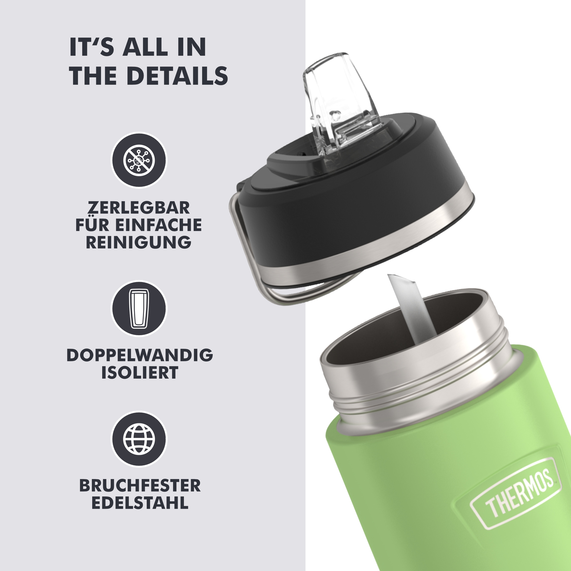 THERMOS Isolierflasche »ICON WATER BOTTLE, Edelstahlkörper, spülmaschinenfest« 0,53l, 12h kalt, schappsicher mit einklappbarem Flip-Strohalm