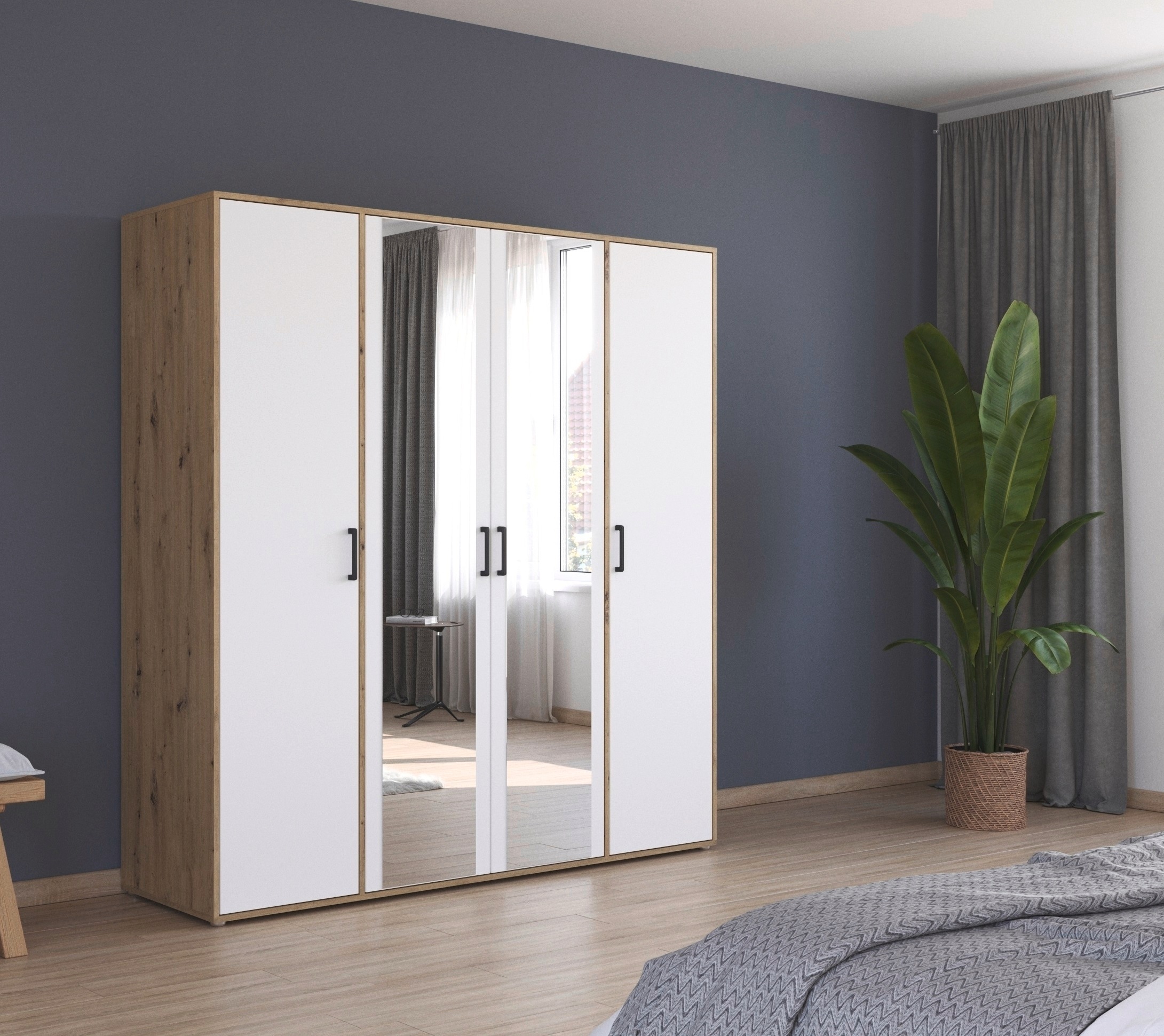 rauch Drehtürenschrank »Kleiderschrank Schrank Garderobe Wäscheschrank VOYAGER«, (in 3 verschiedenen Ausstattungen BASIC/CLASSIC/PREMIUM), mit modernen Griffen in Graumetallic und Spiegel