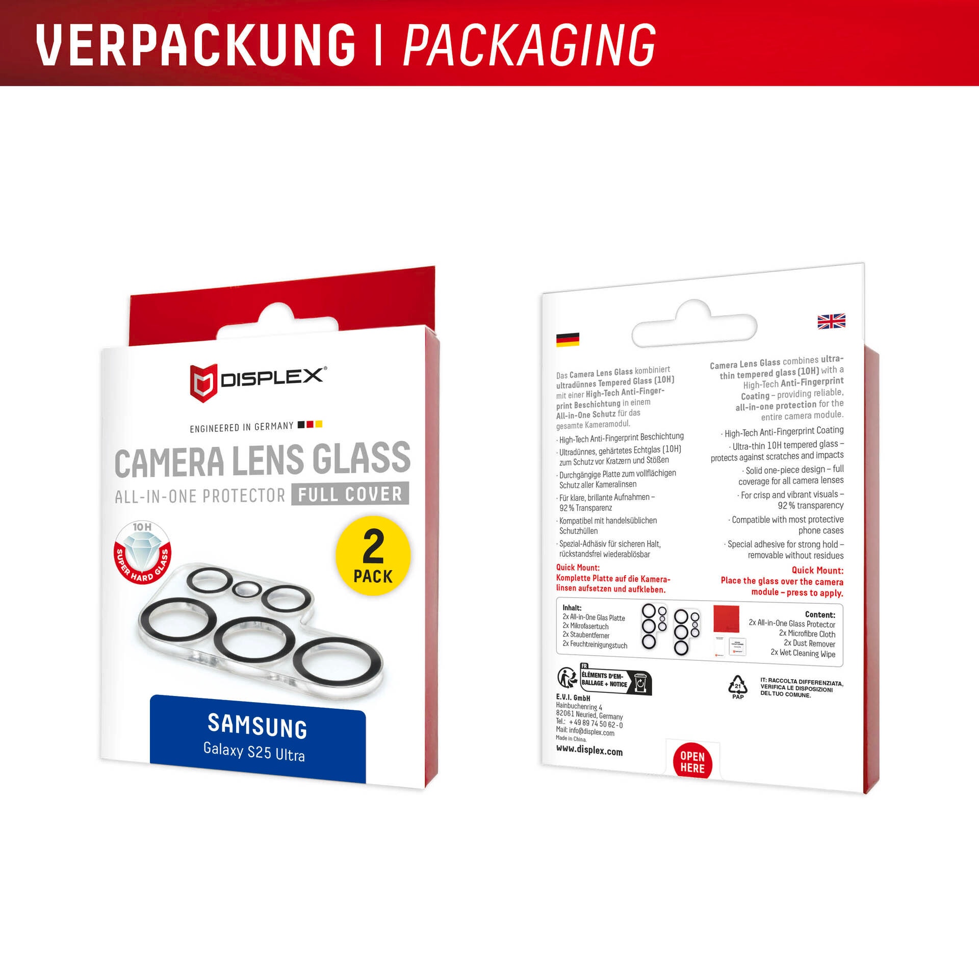 Displex Kameraschutzglas »Camera Lens Glass All-In-One Protector Full Cover«, für Samsung Galaxy S25 Ultra, (Packung, 2x All-In-One Glas), Objektivschutz, Kameraschutz, kratz- & stoßfest