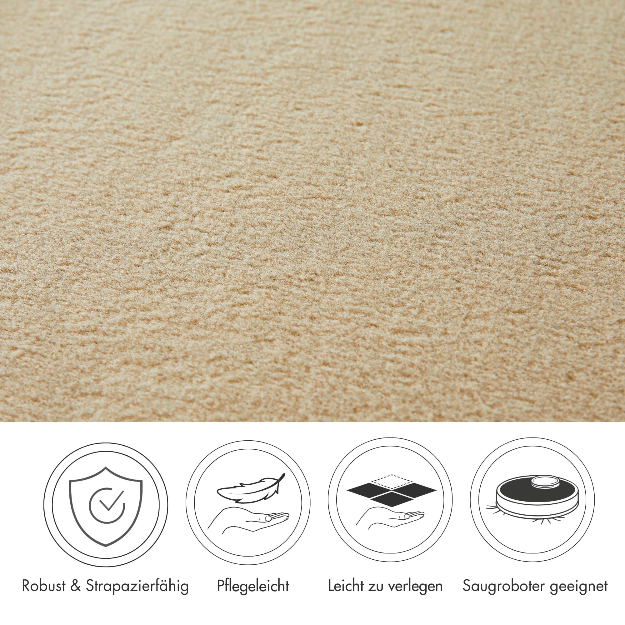 Teppichboden ANDIAMO "Kira, Velours, Gesamthöhe 8 mm, Made in Belgium", beige, B:400cm L:400cm, Kunstfaser, Teppiche, Uni Farben, Breite 400 cm, strapazierfähig, pflegeleicht, Wohnzimmer 3