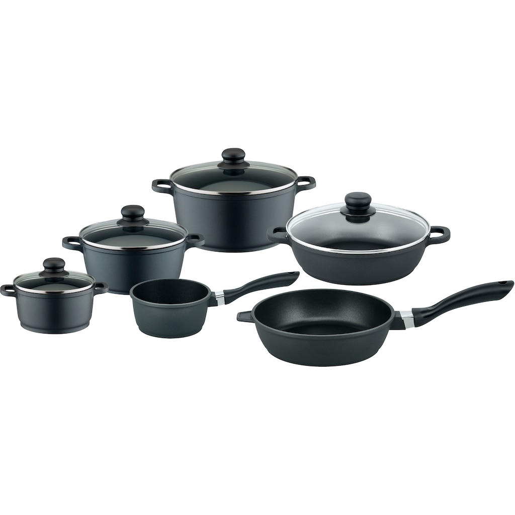 Elo Basic Topf-Set »Black Cast«, Aluminiumguss, (Set, 10 tlg., je 1 Kochtopf 16/20/24 cm, Stielkasserolle 16 cm, 2 Pfannen 24 cm), Induktion