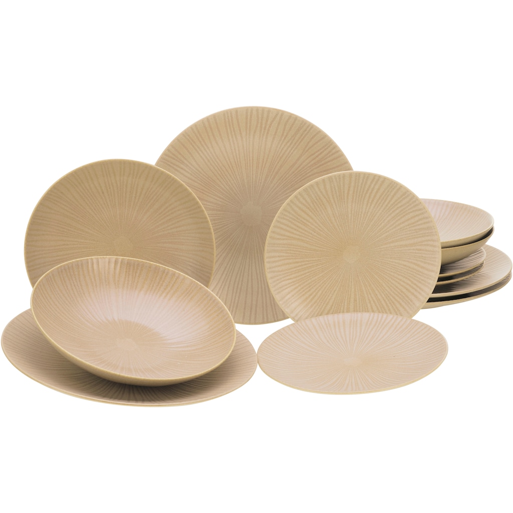 CreaTable Teller-Set »Vesuvio Sand«, (Set, 12 tlg.), seidenmatte Glasur, ausdrucksstarkes Relief