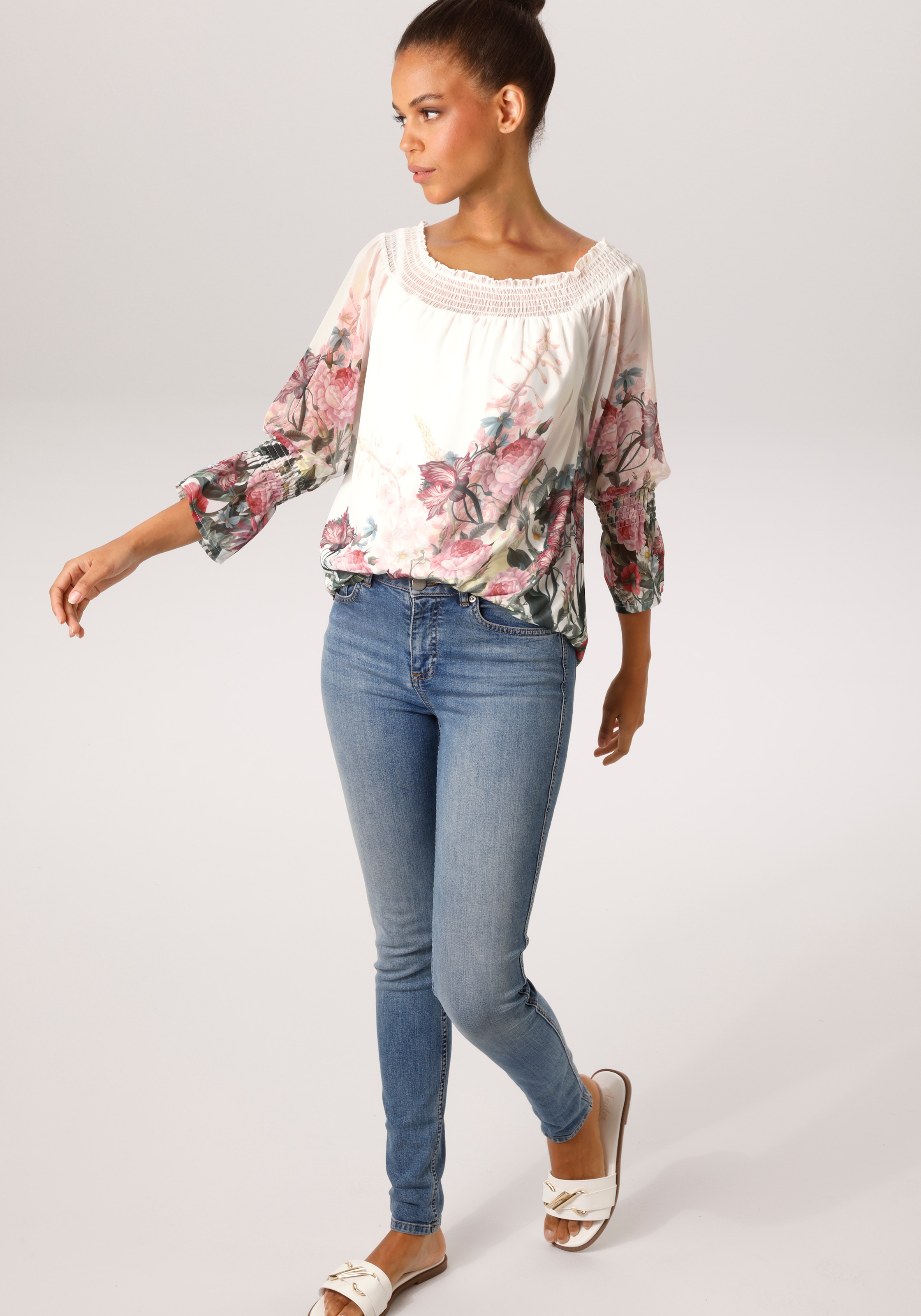 Aniston CASUAL Schlupfbluse mit bunten Blumen kunstvoll bedruckt - NEUE KOLLEKTION