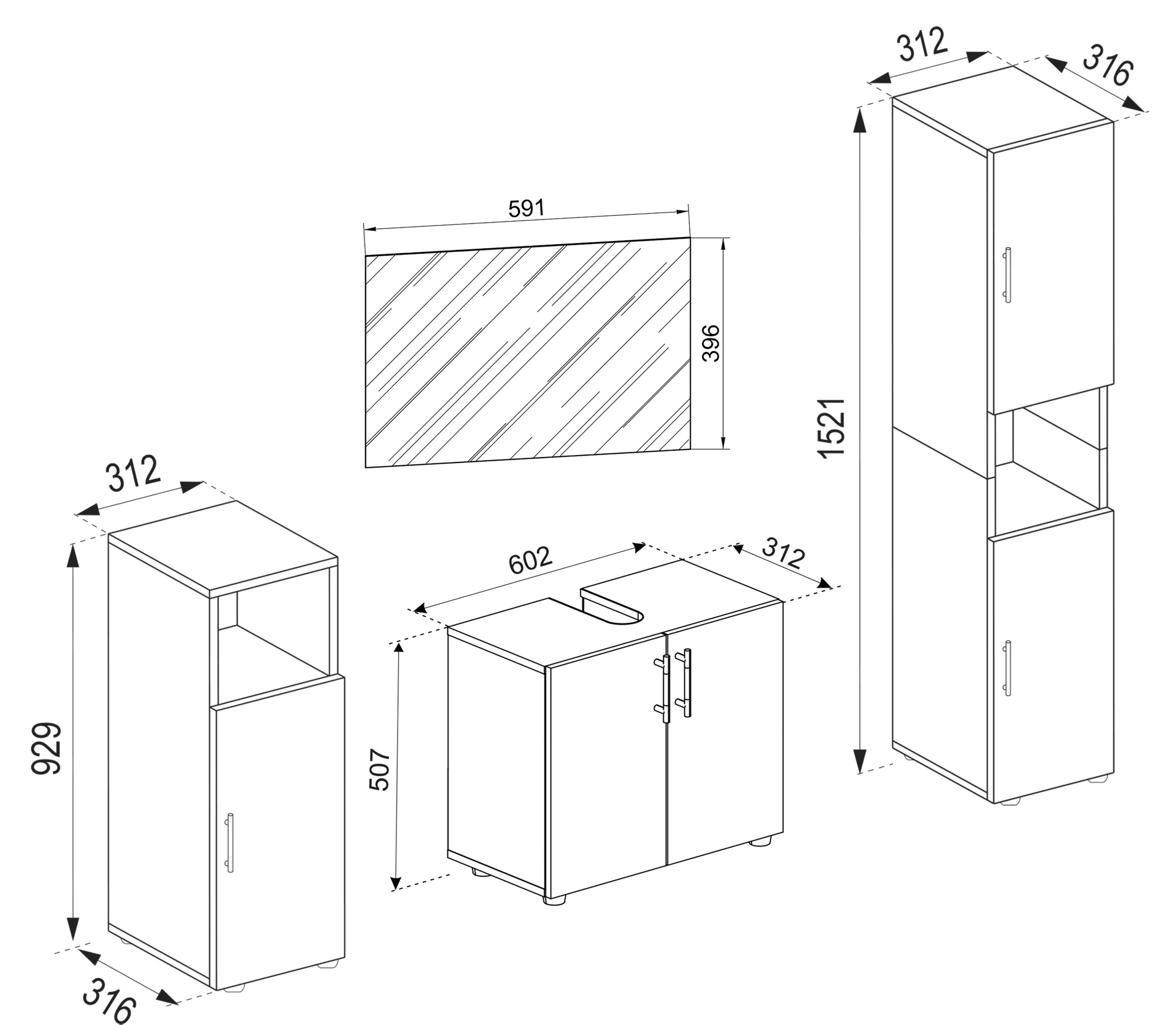 VCM Waschbeckenunterschrank »VCM 4-tlg. Badmöbelset | Badmöbel | Set aus Unterschrank, Midischrank, Hochschrank und Spiegel | Badezimmermöbel ¿ Flandu II«, (4 St.)