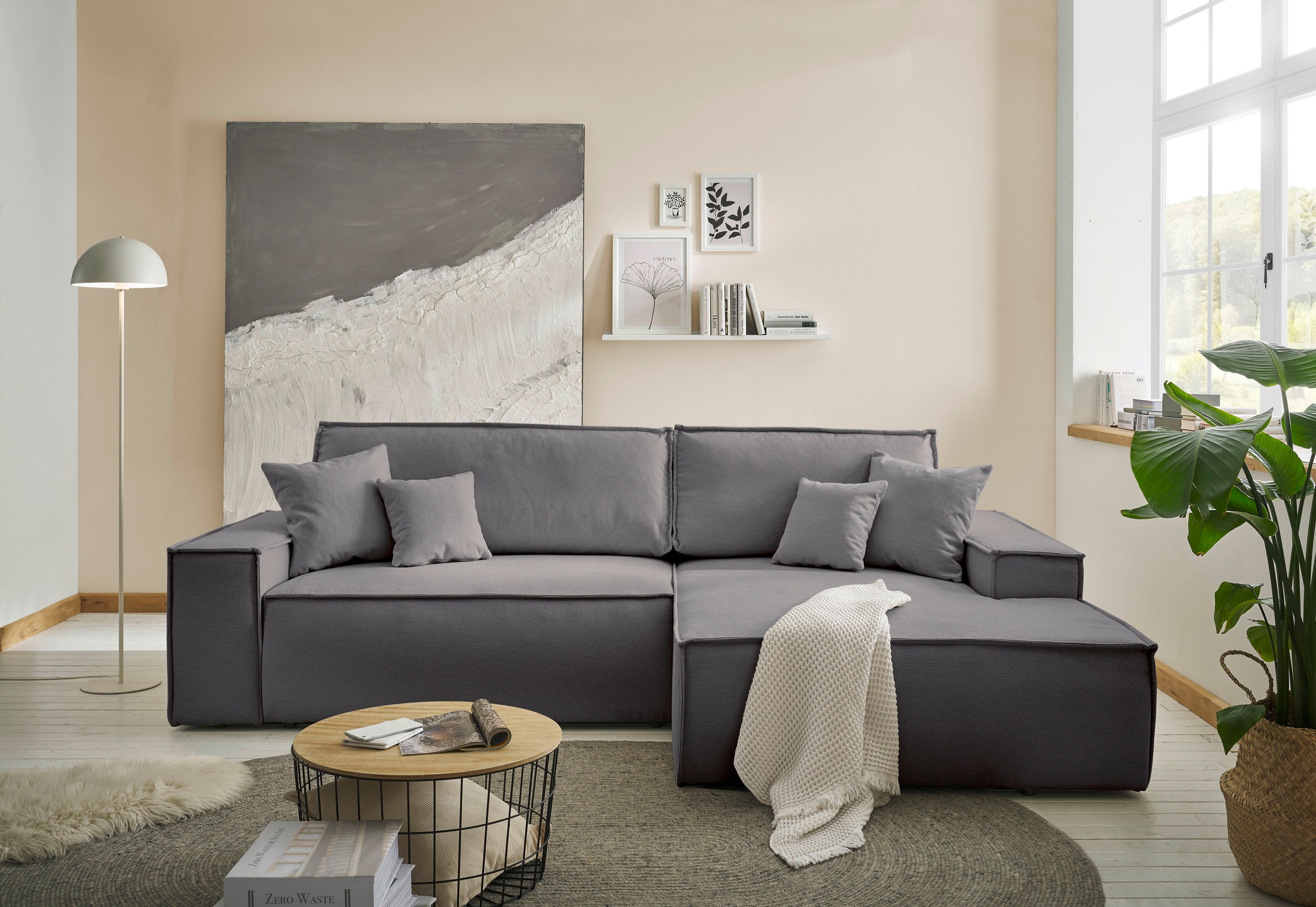 andas Ecksofa »Finnley Schlafsofa 267 cm in Bouclé, Struktur fein u. Cord, L-Form,«, Schlaffunktion m. Bettkasten (136/210 cm), Bouclé, Struktur und Cord