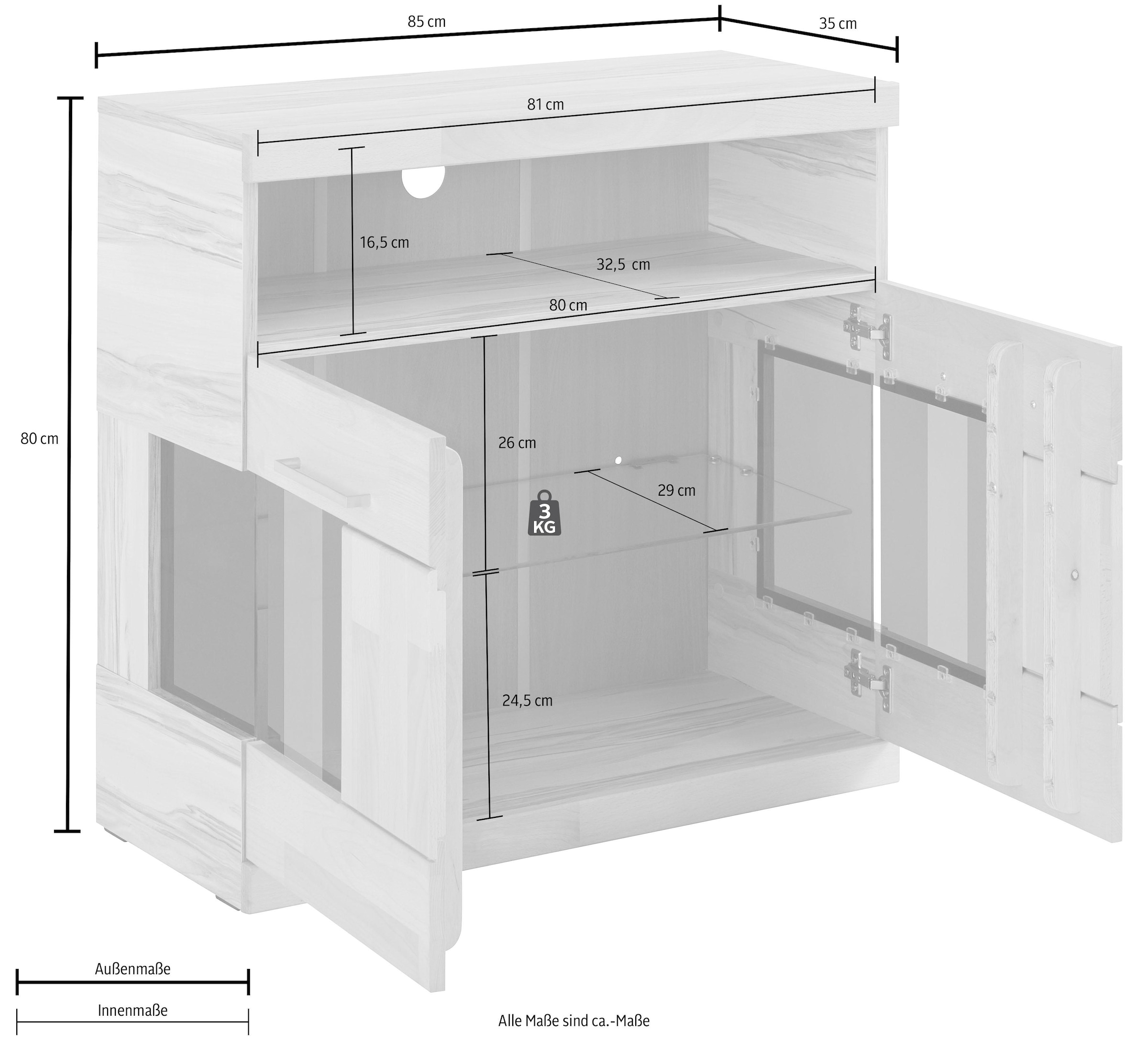 Home affaire Kommode »Ribe 85cm breit,35 cm tief, Fronten Massivholz,2 Türen mit Glaseinsatz«, Holz massiv, Holzwerkstoff,3 breite Fächer