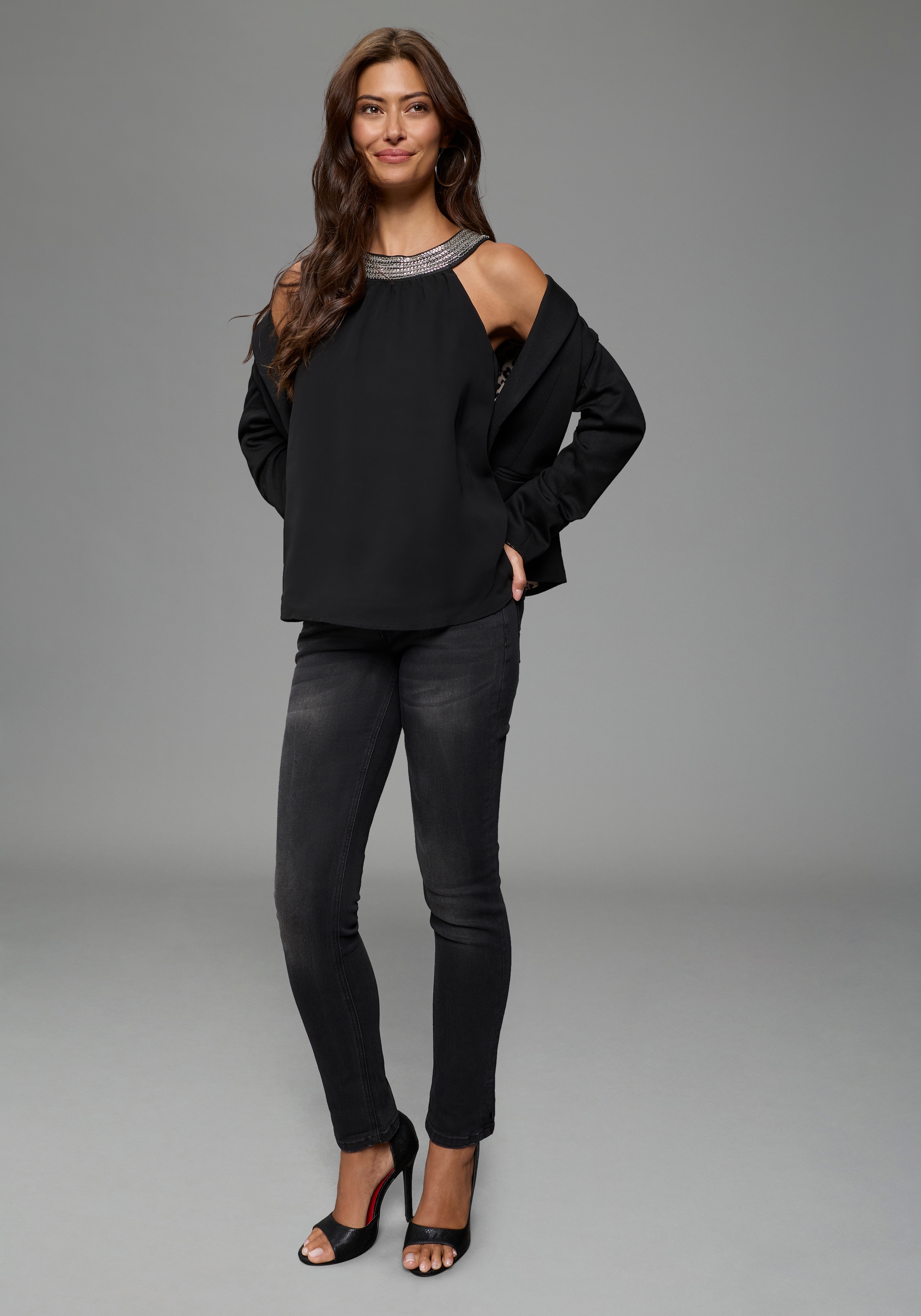 Laura Scott Blusentop mit Schmuckelement, A-Linie, hüftlange Schnittform