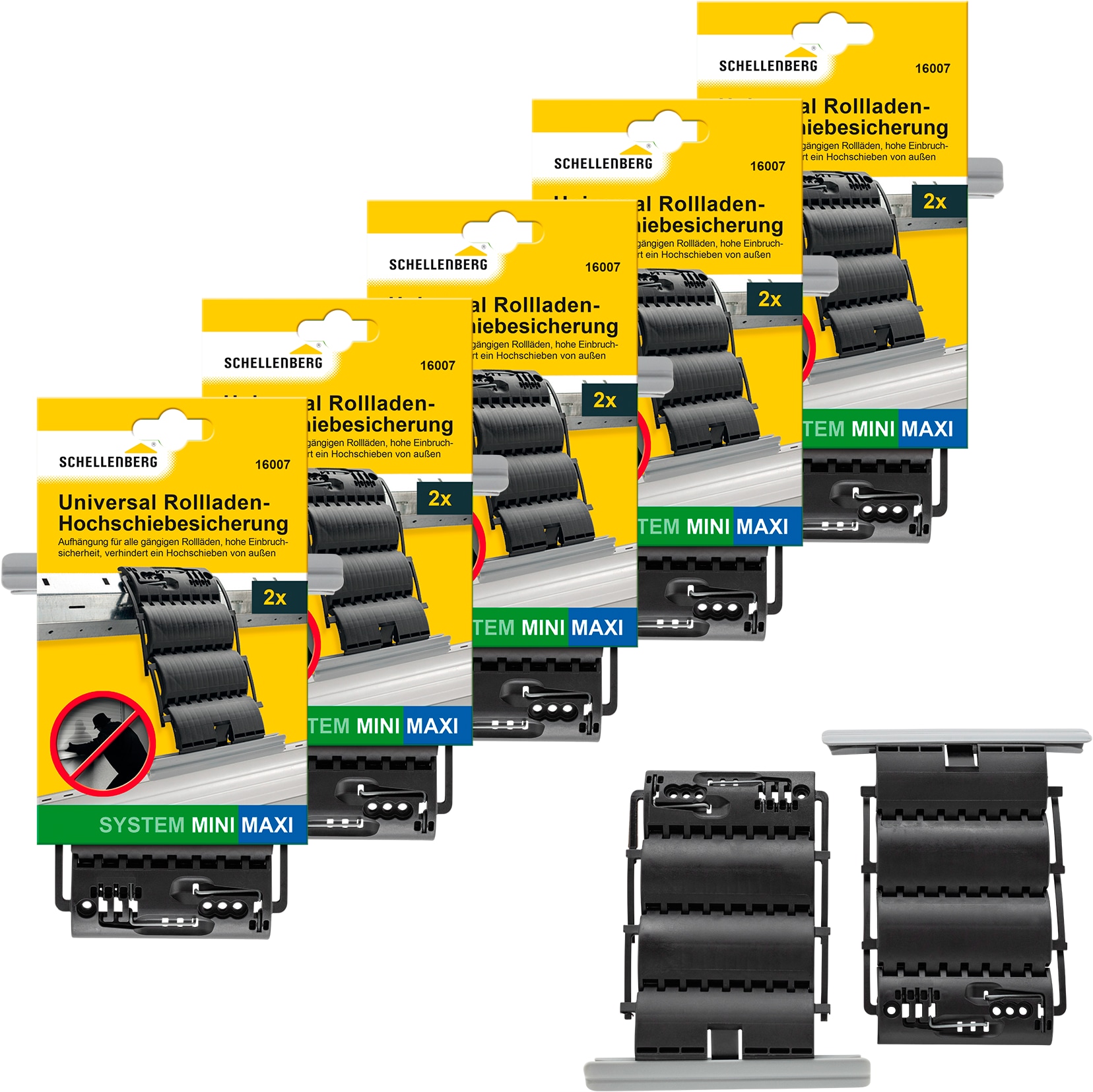 SCHELLENBERG Rollladensicherung »Universal Hochschiebesicherung, feste Wellenverbinder«, (Set, 10 tlg.), Rollladen-Sicherung, System Mini und Maxi, einbruchshemmend