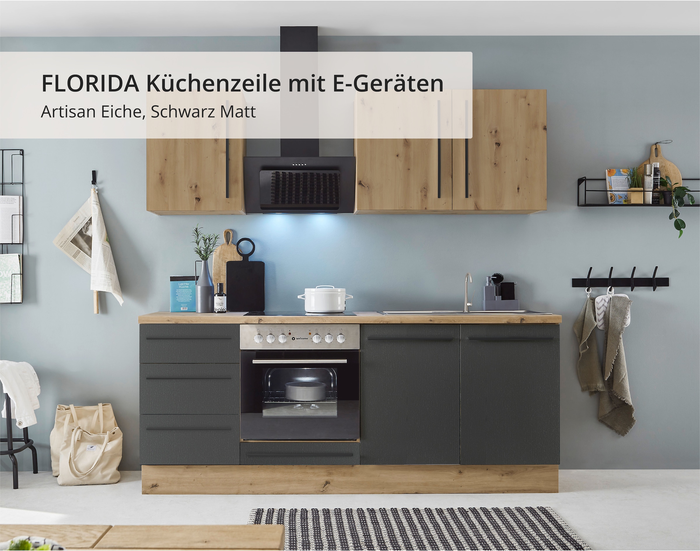 KOCHSTATION Küchenzeile »KS-Florida mit 38mm starker Arbeitsplatte«, Breite 220 cm, wahlweise mit E-Geräten, Soft-Close-Funktion