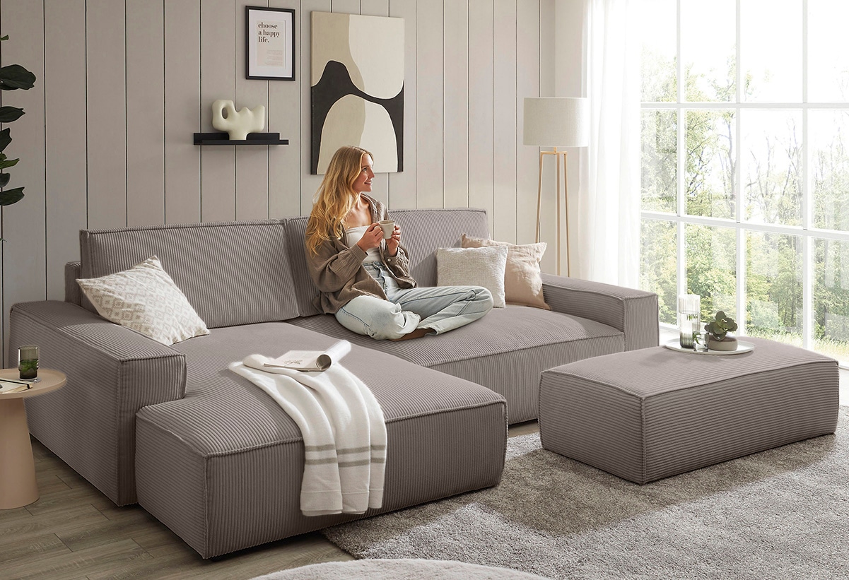 Home affaire Polsterecke »NEU: SHERWOOD XXL tief, L-Form mit Schlaffunktion, Big-Sofa mit Hocker«, (Set, 2 St.), stellbar zum Schlafsofa (Krokodilverbinder), Cord, Leinenoptik