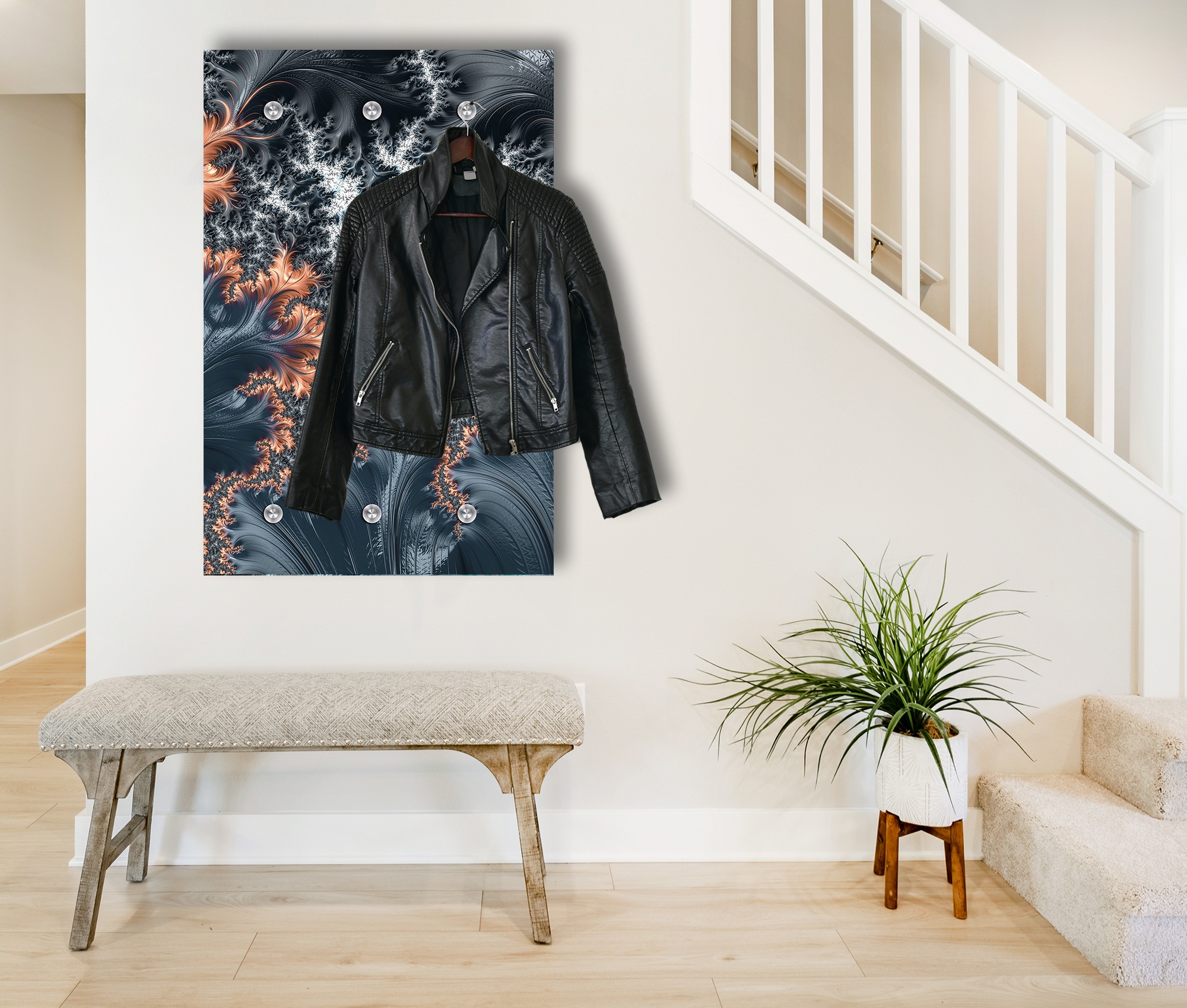 Garderobenpaneel QUEENCE "Wandgarderobe mit Motiv Abstrakt Federn inkl. Edelstahlhaken", grau, B:80cm H:120cm T:2,5cm, Acrylglas, Edelstahl, Garderobenpaneele, Garderobenpaneel, HD Premium Druck auf Acrylglas