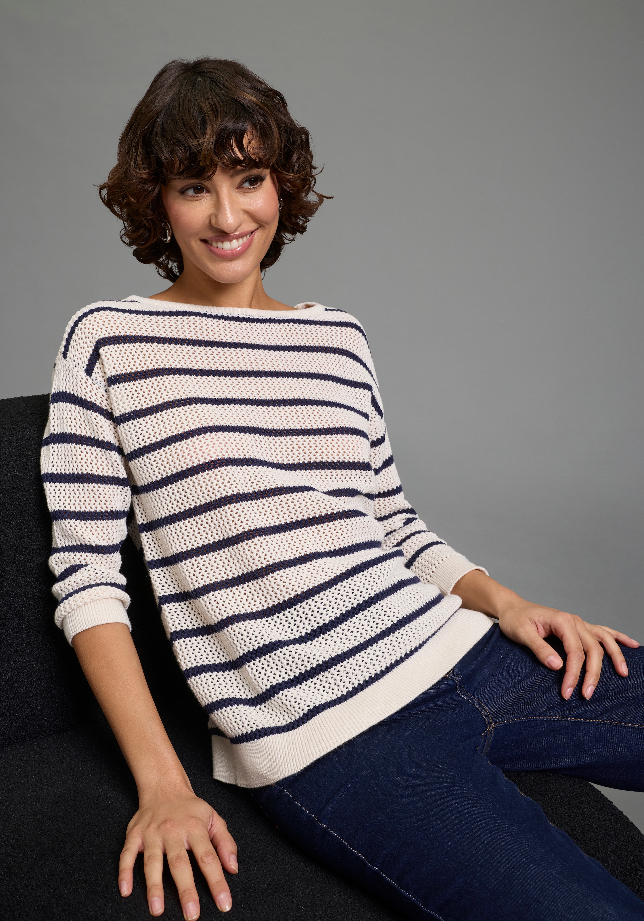 Laura Scott 3/4 Arm-Pullover "perfekt für den Frühling" leichter Sommerpullover aus modernem Lochstrick mit Streifen