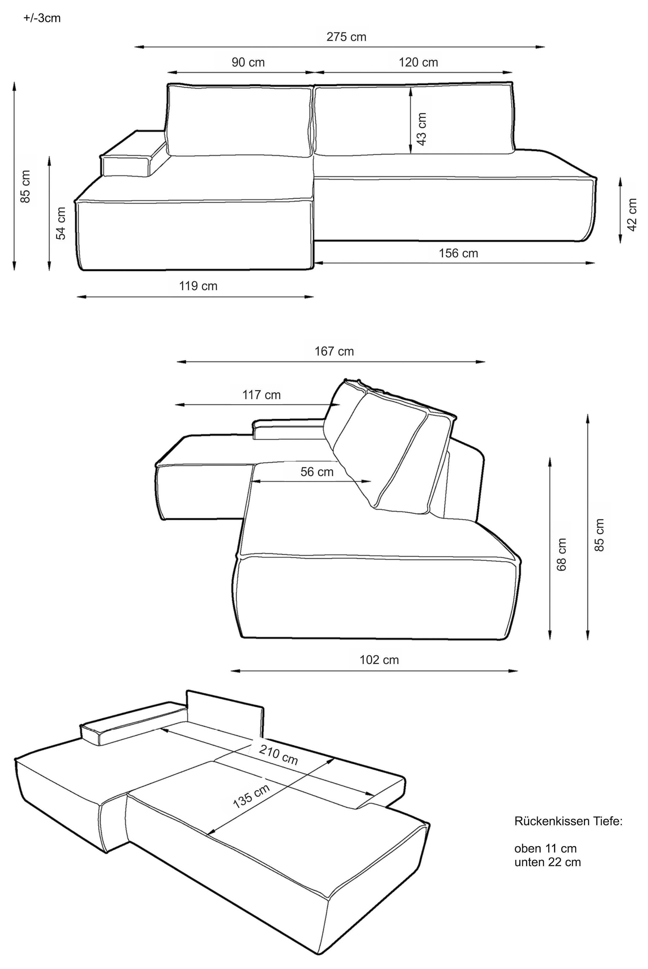Home affaire Ecksofa »SHERWOOD, Schlafsofa in L-Form offen (275cm), Cord, Leinenoptik«, Schlaffunktion und Bettkasten, Kedernaht, hoher Sitz- & Liegekomfort