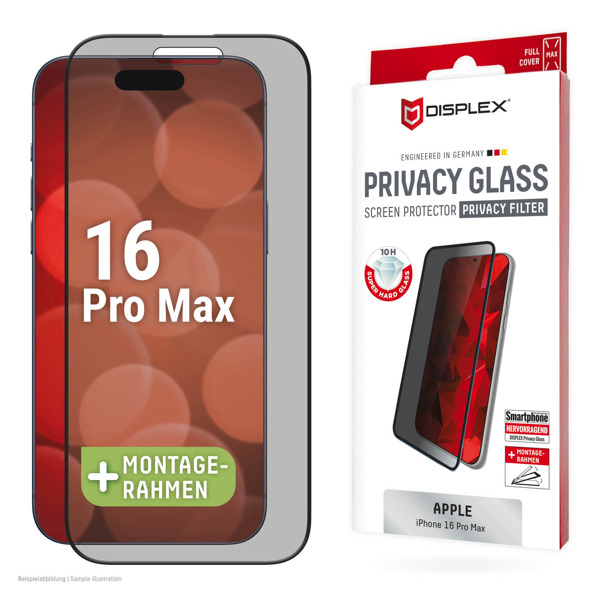 Displex Displayschutzglas »Privacy Glass Full Cover«, für Apple iPhone 16 Pro Max, (1 St.), Displayschutzfolie, Schutzfolie, Bildschirmschutz, kratz- & stoßfest