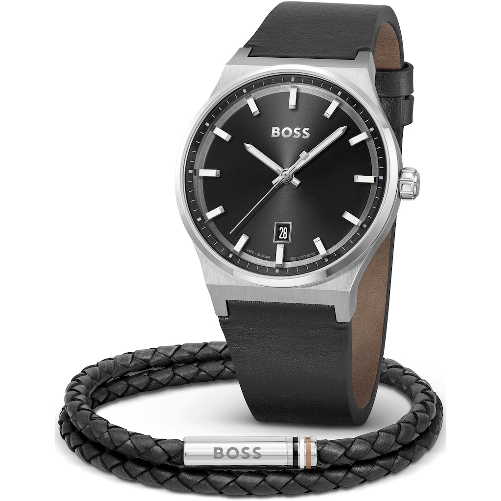 BOSS Quarzuhr »1570158«, (Set, 2 tlg., mit Lederarmband)