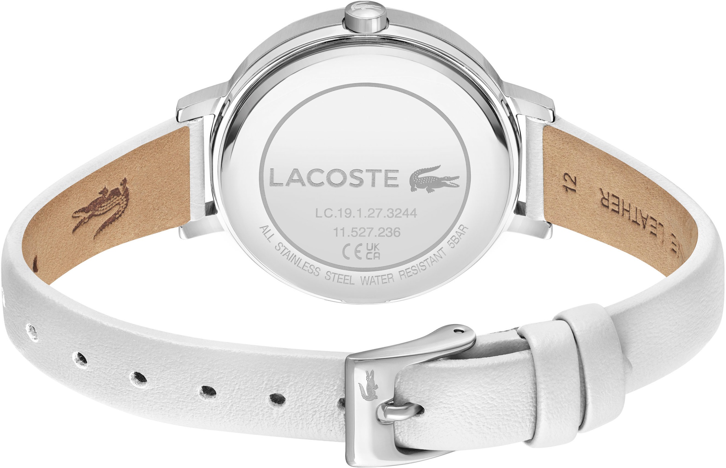 Lacoste Quarzuhr »RIGA«, Armbanduhr, Damenuhr, Lederarmband, analog, Glaskristalle