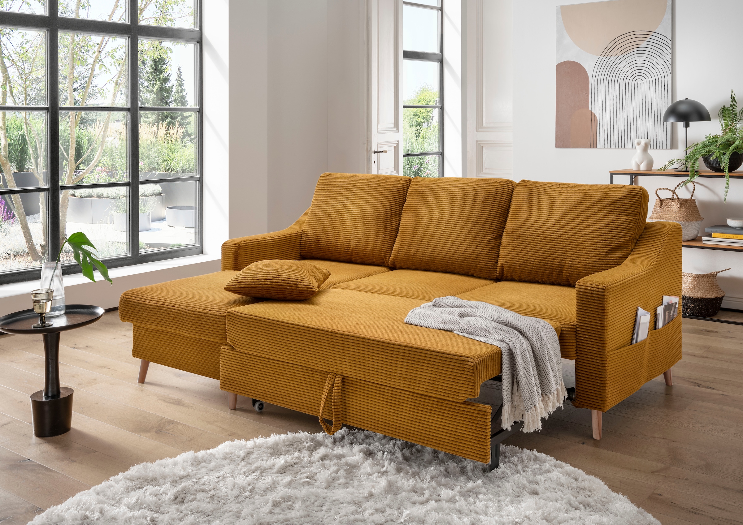 INOSIGN Ecksofa »Valentina L-Form«, 2 Zierkissen, mit Seitentasche, ausziehbarer Liegefläche, Bettkasten