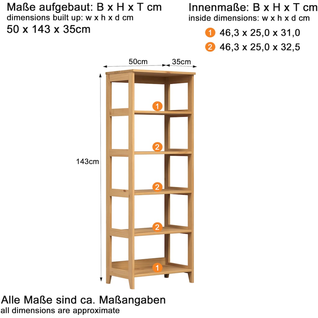 INTER-FURN Ablageregal »Arona«, (1 St.), Standregal aus Massivholz, Kiefer gewachst, B/H/T: 50 / 143 / 35 cm