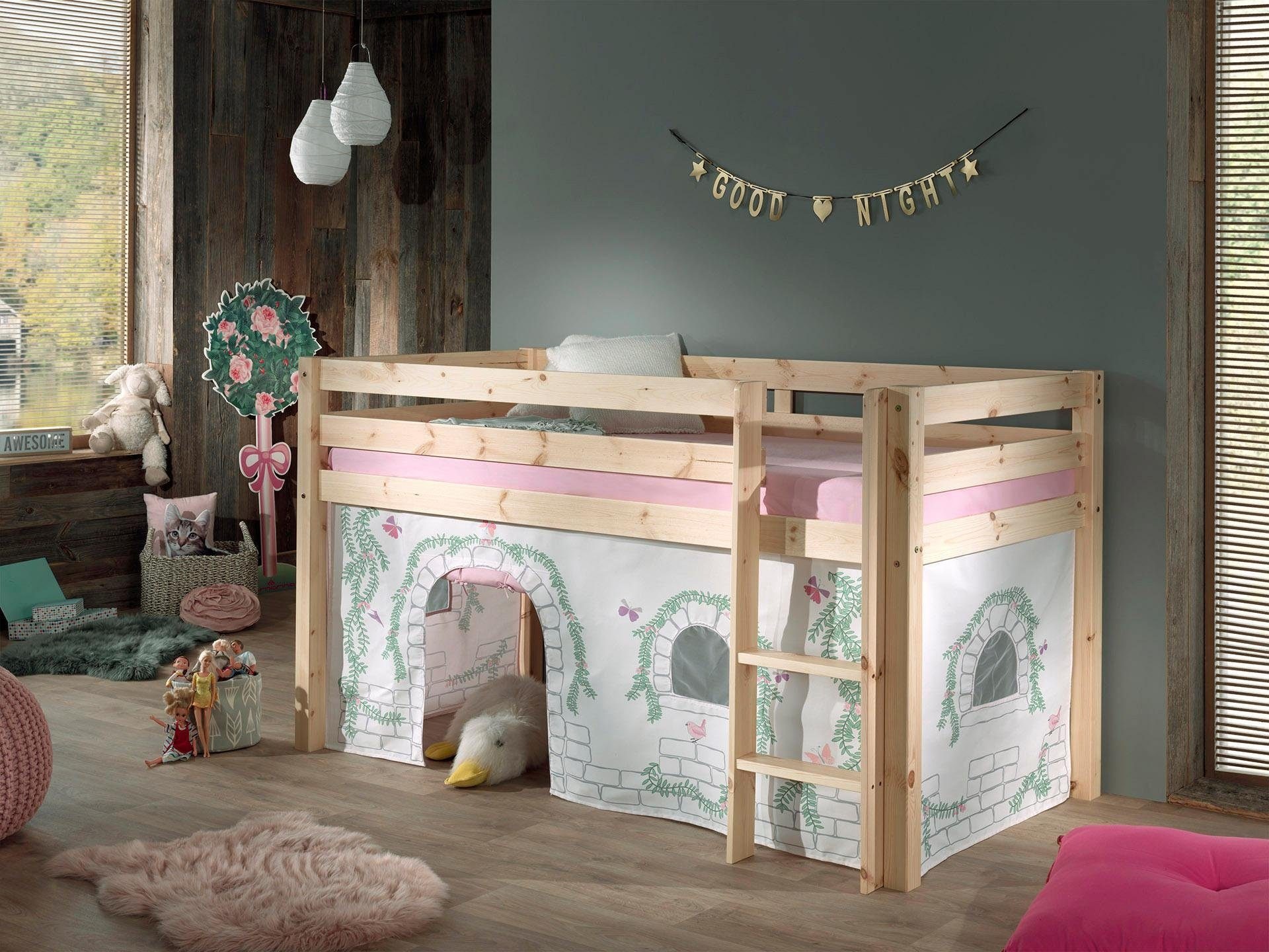 Vipack Hochbett »Pino«, (Made in Europe), Massivholz, Textil-Set "Birdy", wahlweise mit Rutsche und Bett-Tunnel
