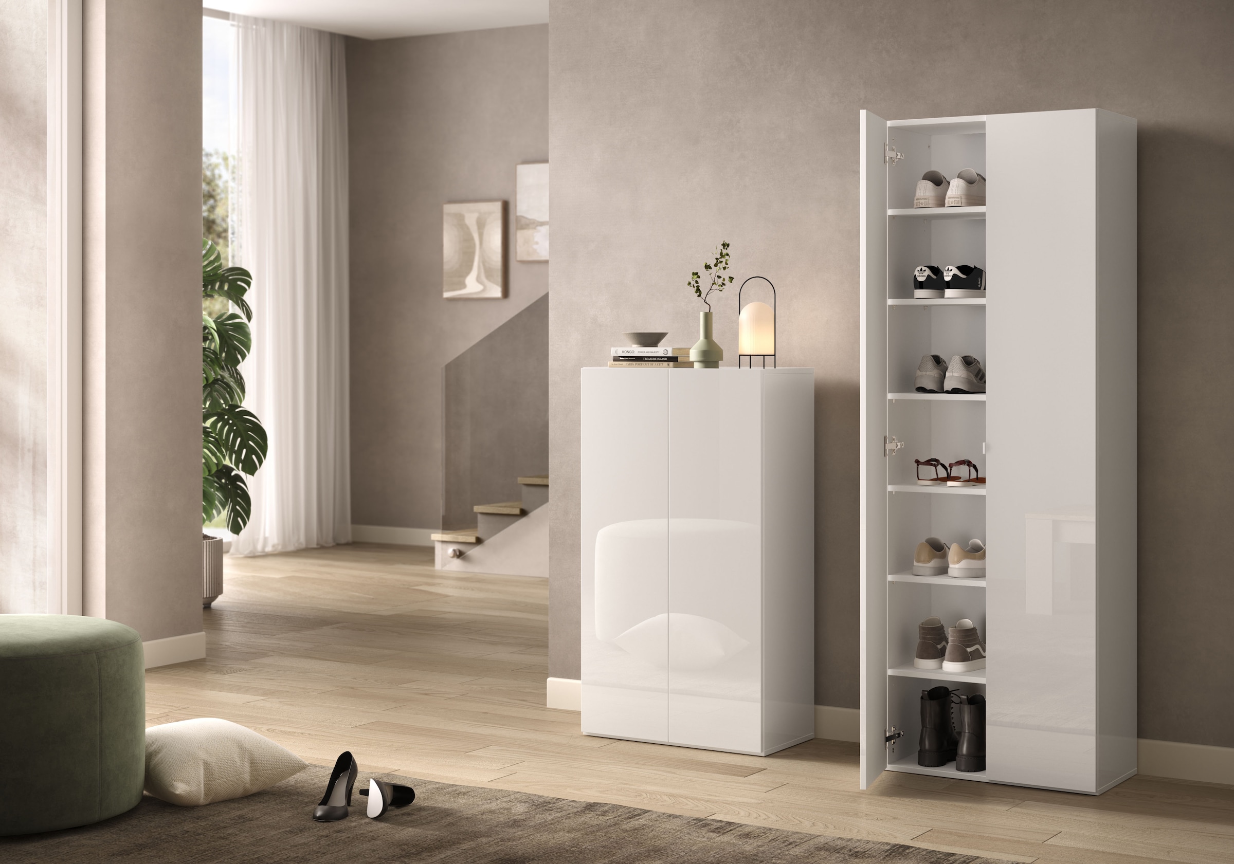INOSIGN Schuhschrank »SMILE Breite 63 cm, Höhe 114 cm, Schuhregal mit 5 Ebenen,«, Schuhkommode in Weiss Hochglanz Lack