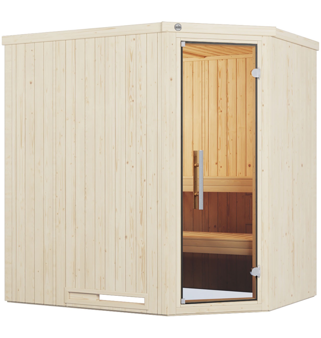 WEKA Sauna "Element-Ecksauna VARBERG 1", Saunaofen, integrierte Steuerung, 5,4 kW, weiß, Saunen, vorgefertigte Elemente, moderne Ganzglastür