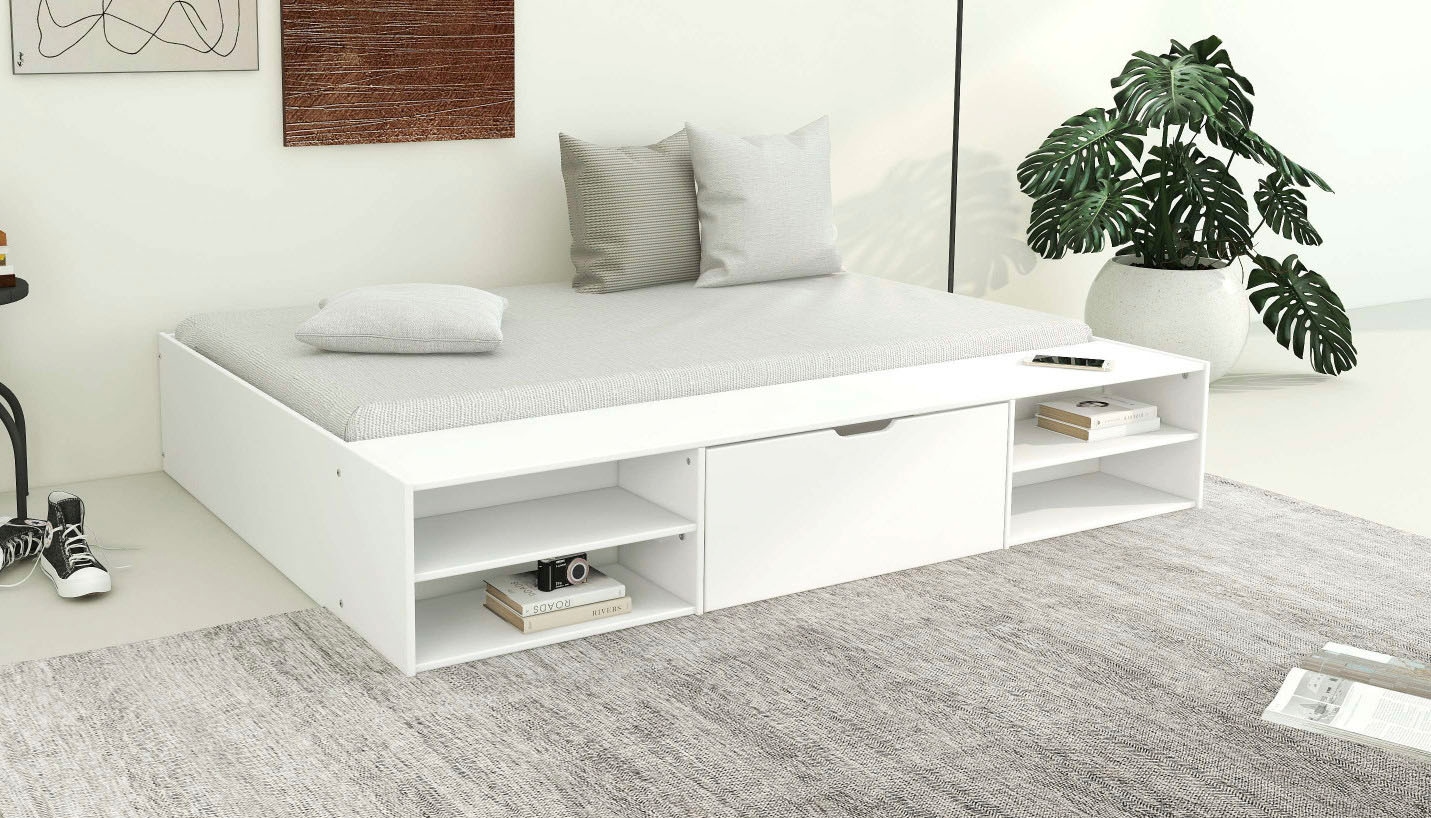Home affaire Stauraumbett »Cavan, Jugendbett, Podestbett, Futonbett, Made in EU«, (Breite/ Belastbarkeit: 120cm/200 KG, 90cm/ 100KG), inklusive Lattenrost, viel Stauraum, breite Ablage, FSC® zertifiziert